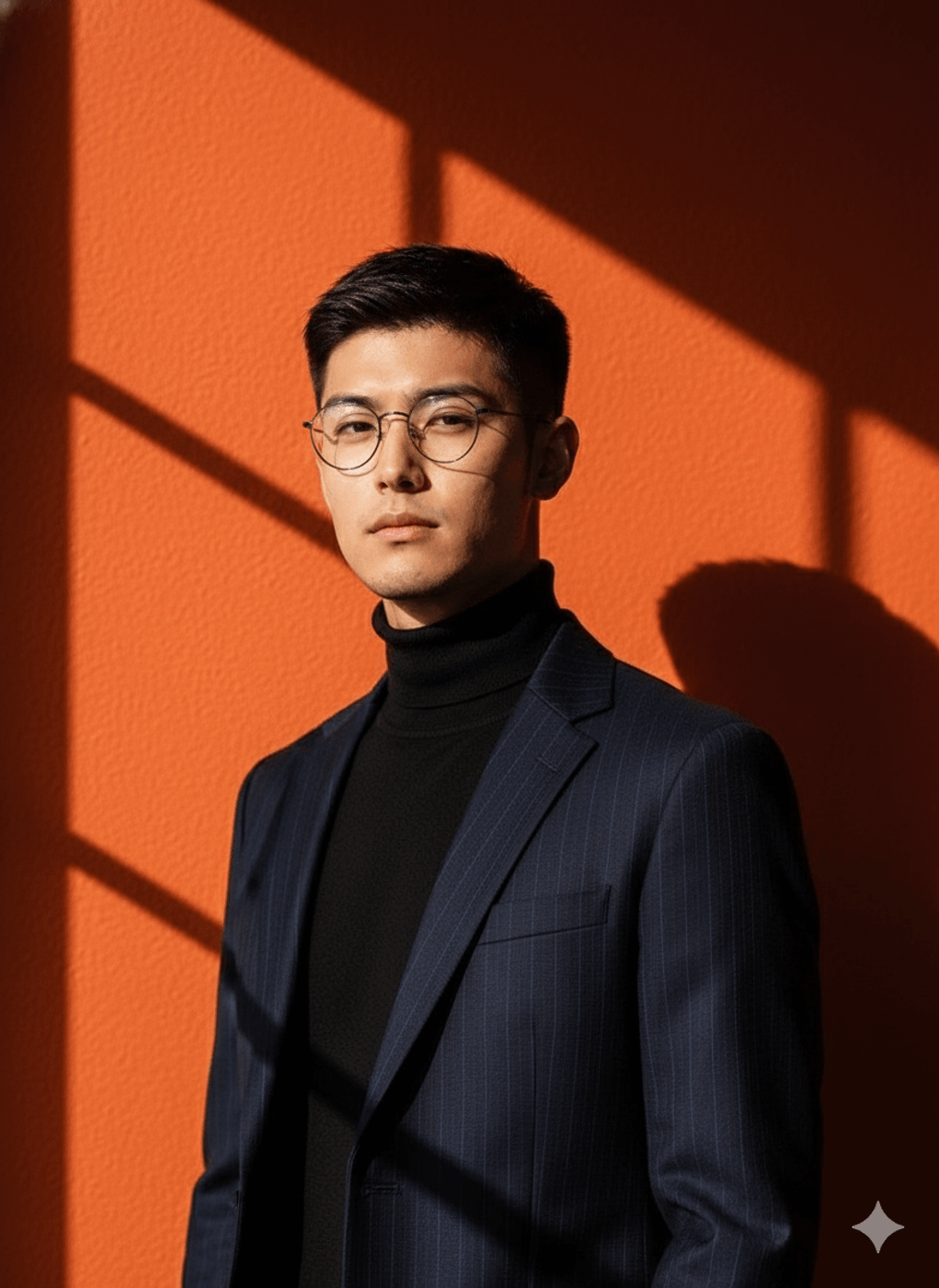 AI generated image of Man stands against a vibrant orange wall with dramatic shadows cast