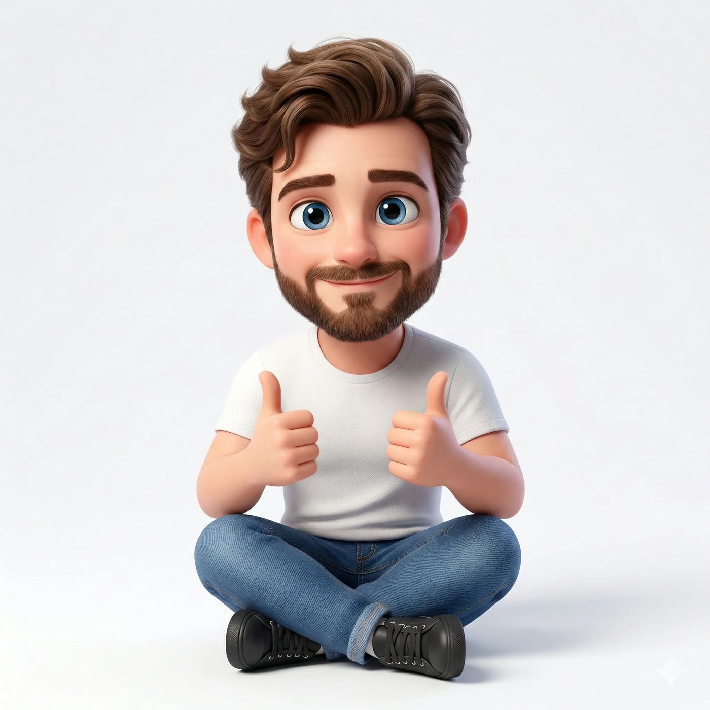 3D Pixar Style Thumbs Up AI Photo Prompt. AI generated 3D digital illustration of a bearded man in a white t-shirt and jeans sitting cross-legged while giving a double thumbs up against a white background.