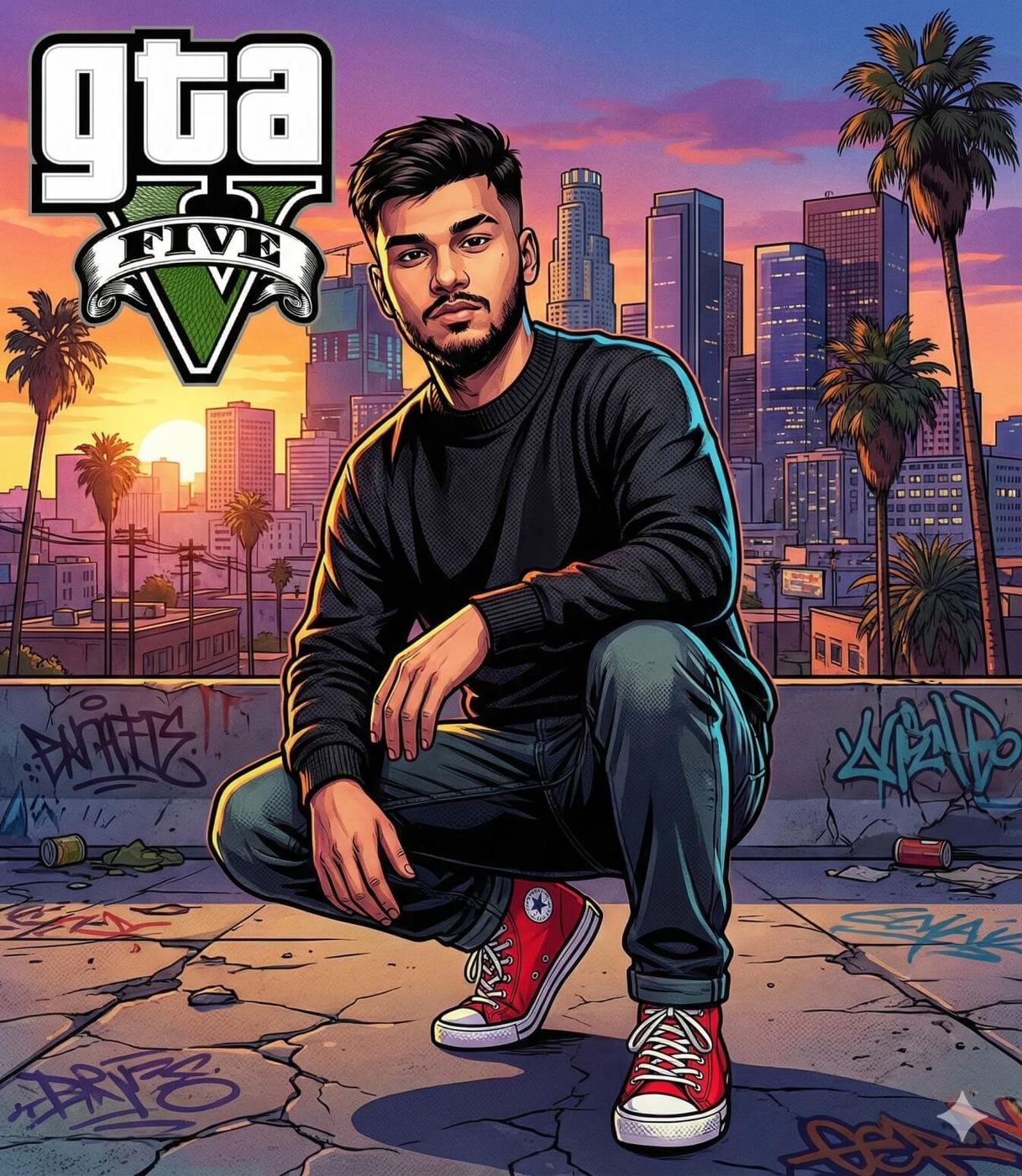 Gemini AI Generated: a stylized digital illustration designed to mimic the iconic art style found on the cover and loading screens of the video game Grand Theft Auto V. It features a young man with dark, swept-back hair and a neatly trimmed beard crouching in the center foreground. He is dressed in casual urban attire, wearing a black crew-neck sweater, dark blue jeans, and bright red high-top sneakers. He is positioned on a cracked concrete rooftop detailed with colorful graffiti tags and scattered debris like crushed cans. Behind him, a vibrant cityscape stretches out, bathed in the warm, gradient hues of a sunset that transitions from orange to purple. The background includes tall skyscrapers and palm trees, evoking a Los Angeles-inspired atmosphere. The official "gta FIVE" logo is prominently displayed in the top-left corner, and the artwork utilizes the game’s signature heavy black outlines and high-contrast, cel-shaded coloring technique.