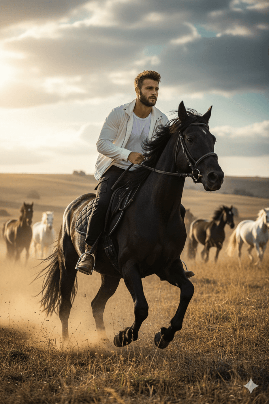Gemini Generated Image: This is an image of a man riding a black horse through a dry, grassy field. The man is wearing a white jacket and looks forward confidently. Several other horses are visible in the blurred background. The sunlight is golden, creating a warm, dusty atmosphere.