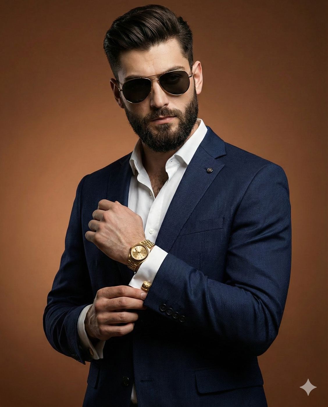 Gemini AI generated image of a Bearded man in a navy suit and aviators adjusting his cufflinks against a brown background.