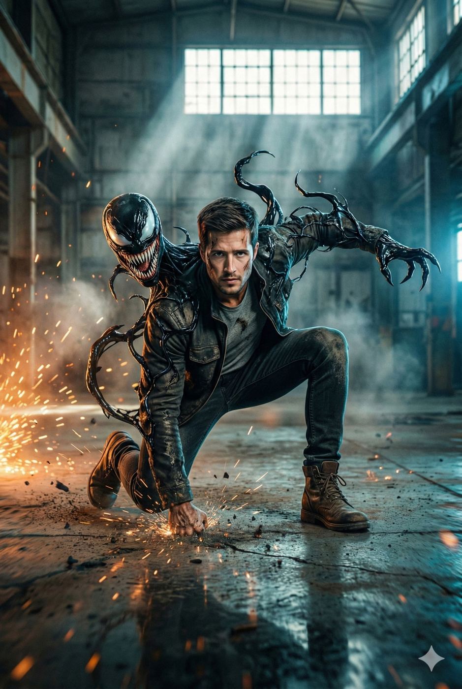 Gemini AI Generated Image: A full photograph of a man in a dynamic superhero landing pose, mid-crouch on a concrete floor with his fist hitting the ground, creating a shower of orange sparks. He has short brown hair and wears a dusty leather jacket, t-shirt, dark jeans, and work boots. A glossy black Venom-like symbiote with a snarling head, sharp teeth, and long tongue emerges from over his shoulder, its tendrils and claws wrapping around his torso and arm. The scene is an abandoned, industrial warehouse with high windows, concrete pillars, and dust and debris in the air, illuminated by shafts of sunlight and the light from the sparks. The atmosphere is intense and cinematic.