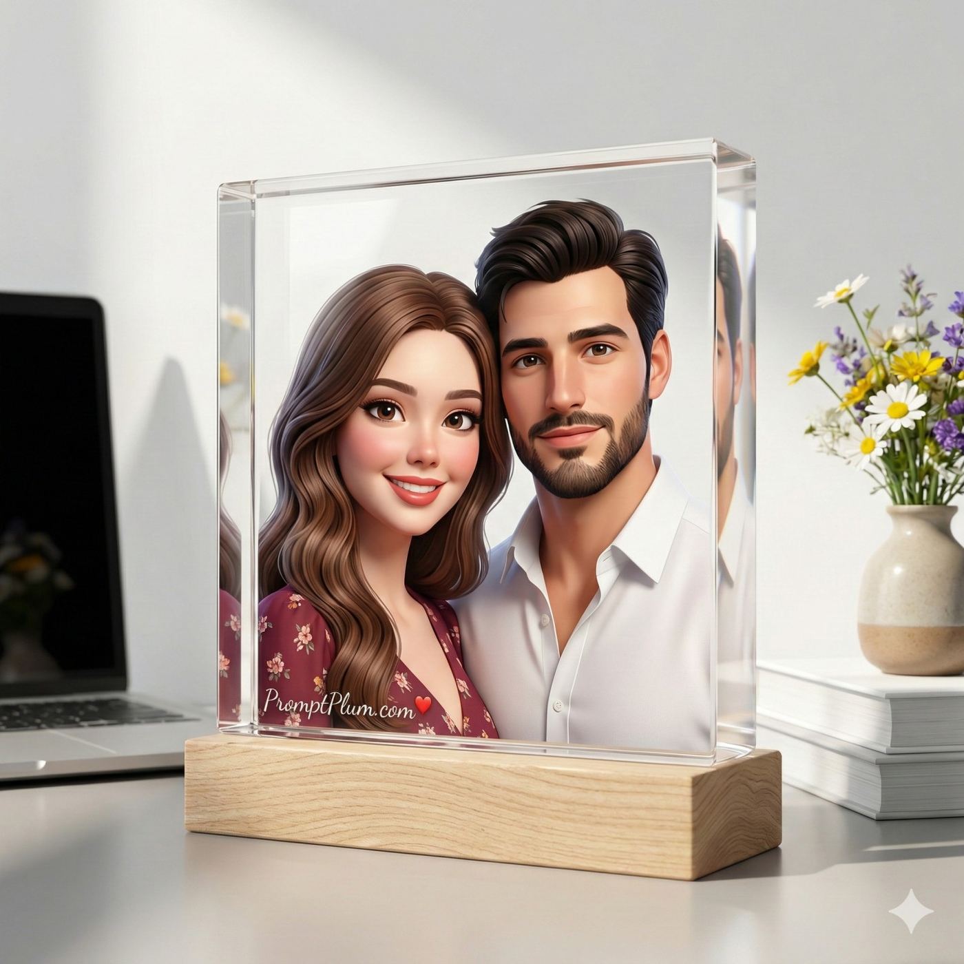Gemini AI Generated Image of a 3D animated couple in a clear acrylic block on a wooden base, set on a desk with flowers.