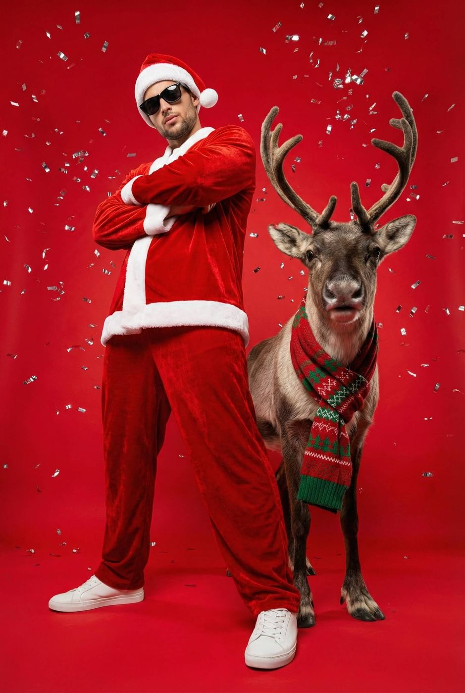 Gemini Generated Image: A cool Santa Claus in sunglasses and a modern suit is standing with his arms crossed next to a reindeer wearing a Christmas scarf, all against a red background with confetti falling.
