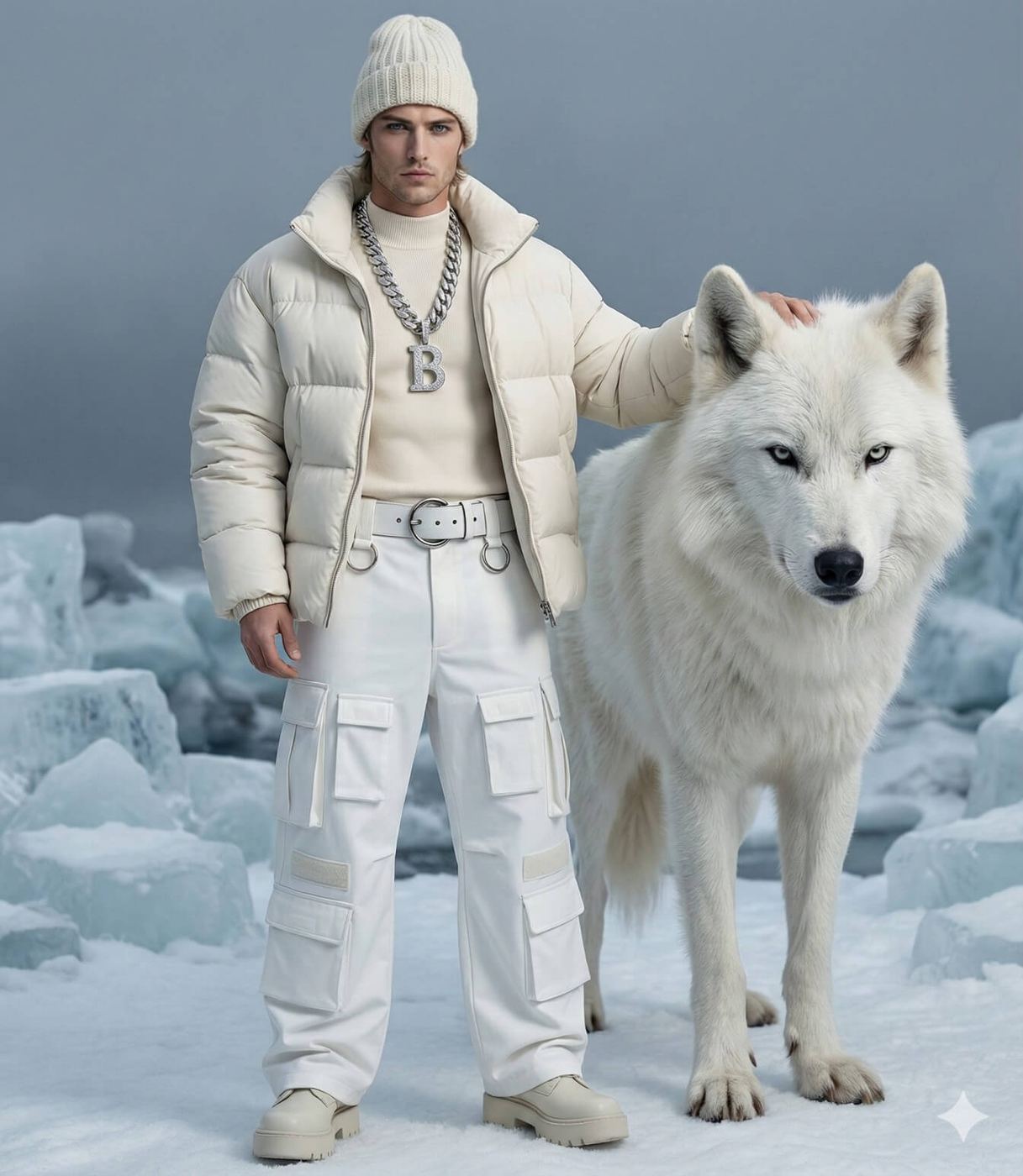 Gemini AI Generated Image: A man modeling an all-white winter outfit stands next to a large white wolf in a snowy, icy landscape. He wears a beanie, an open puffer jacket, wide-leg cargo pants, and chunky boots, accessorized with layered silver chains featuring a large "B" pendant. His left hand rests gently on the wolf's neck as they both look forward.