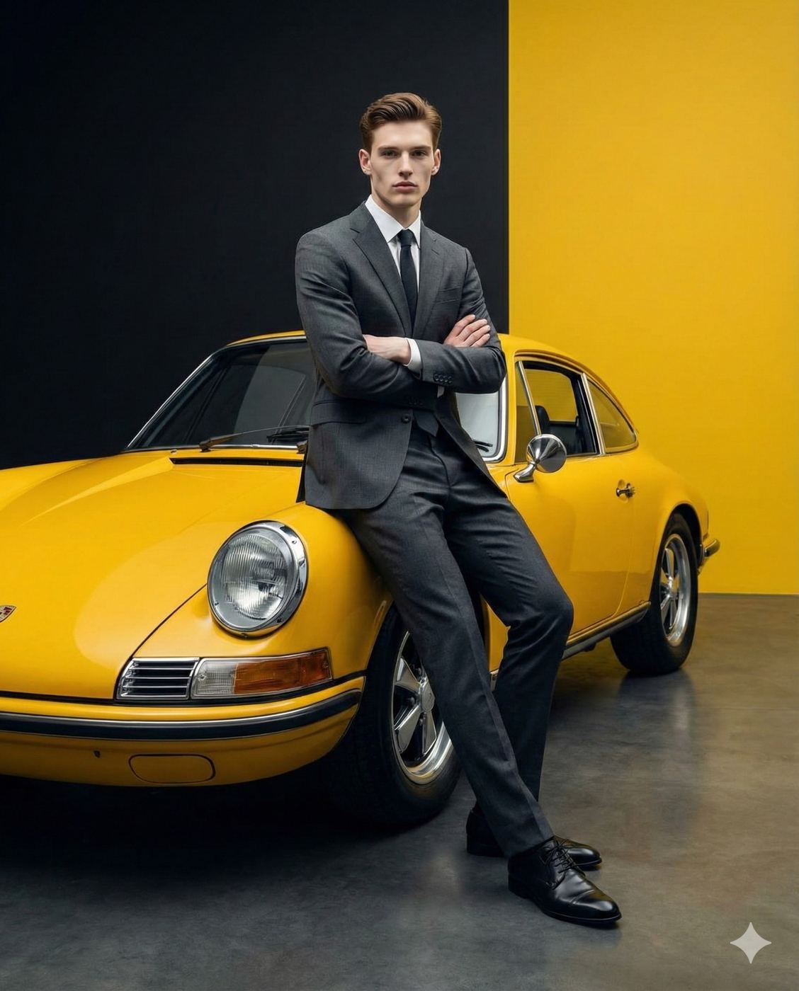 Gemini AI Generated Image: A man in a grey suit leans against a vintage yellow Porsche 911 with a split black and yellow background.