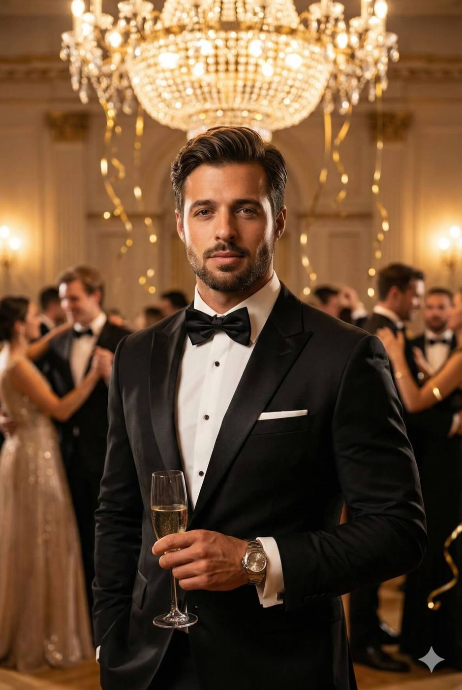 Gemini AI Generated Image: A medium shot of a handsome man in his early 30s with short dark hair and a groomed beard, dressed in a classic black tuxedo, white shirt, and black bowtie. He is standing in the center of a grand, opulent ballroom, holding a glass of champagne and looking directly at the camera with a slight, confident smile. Behind him, a large, glowing crystal chandelier hangs from the ceiling, casting a warm light over a blurred crowd of people in formal attire dancing and socializing. Golden streamers hang from the ceiling, adding to the festive, high-end gala atmosphere.
