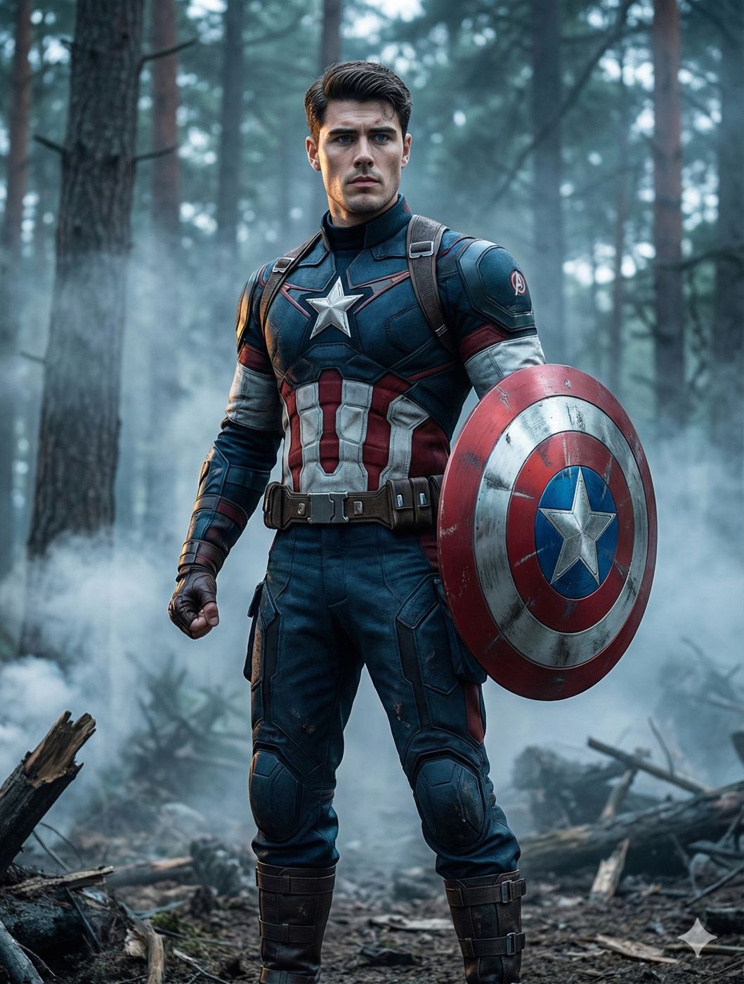 Gemini AI Generated Image: a hyper-realistic, cinematic portrait of a character dressed as Captain America, standing resolutely in a misty, debris-strewn forest. The subject wears a highly detailed tactical suit in deep navy blue, accented with the iconic red and white midsection stripes and a central white star emblem on the chest. He is equipped with a brown utility belt, combat boots, and fingerless gloves, while his left hand grips the signature circular shield, which shows realistic battle wear with visible scratches and scuffs. The background sets a moody, atmospheric tone with towering pine trees fading into a cool, blue-tinted fog, and the forest floor is cluttered with fallen branches and broken wood, suggesting a rugged battlefield environment. The lighting is dramatic and soft, emphasizing the texture of the armor and the character’s focused, determined expression.
