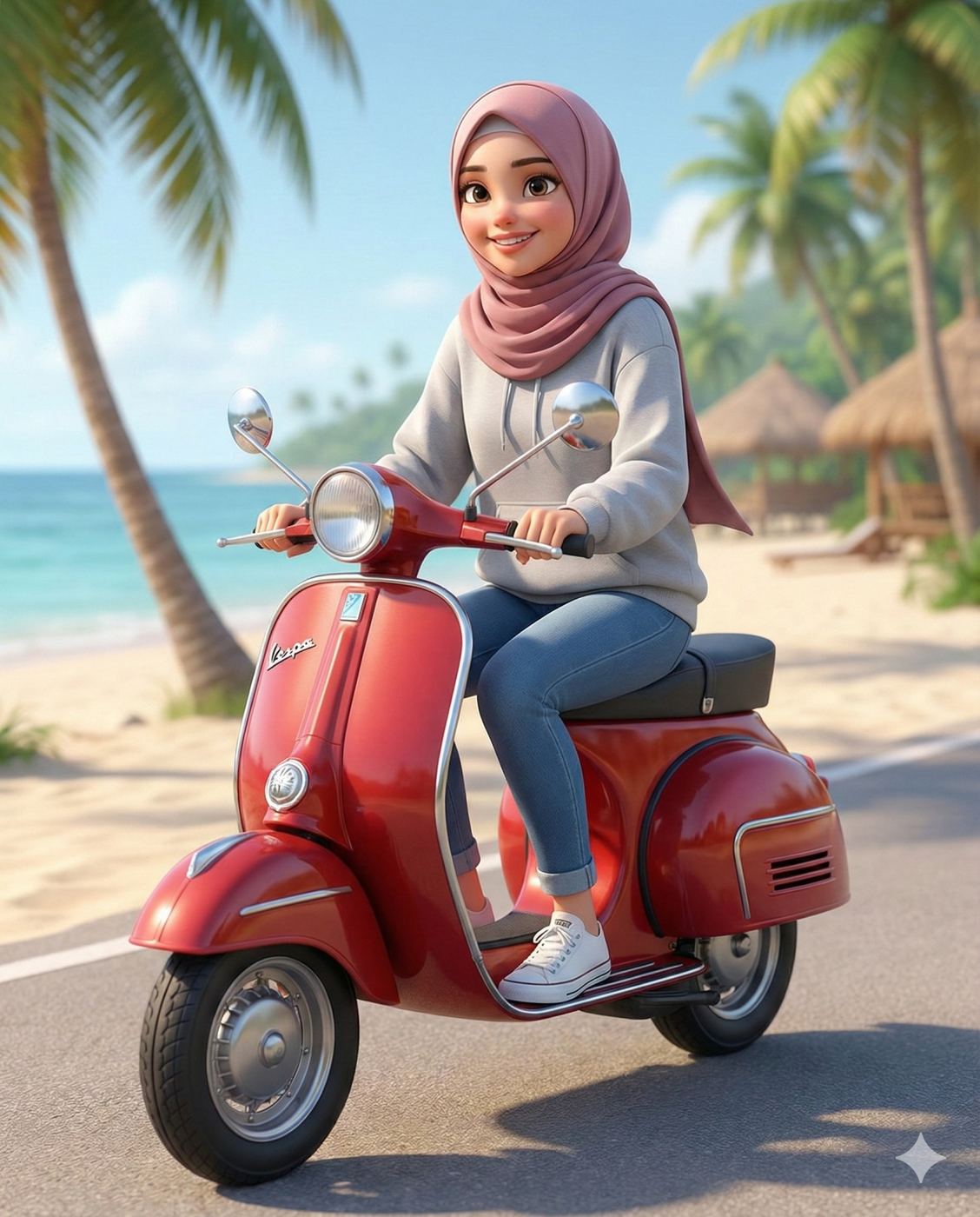 Gemini AI Generated Image: a cheerful, 3D-animated style portrait of a young woman riding a vintage bright red scooter along a scenic coastal road. She is dressed in a casual, modest outfit consisting of a soft pink hijab, a light grey hoodie, blue jeans cuffed at the ankles, and white sneakers. Her expression is joyful as she navigates the paved path, with a tropical paradise serving as the backdrop. The setting includes tall palm trees, a sandy white beach, and a calm, turquoise ocean under a bright, sunny sky, creating a vibrant and relaxing vacation atmosphere.