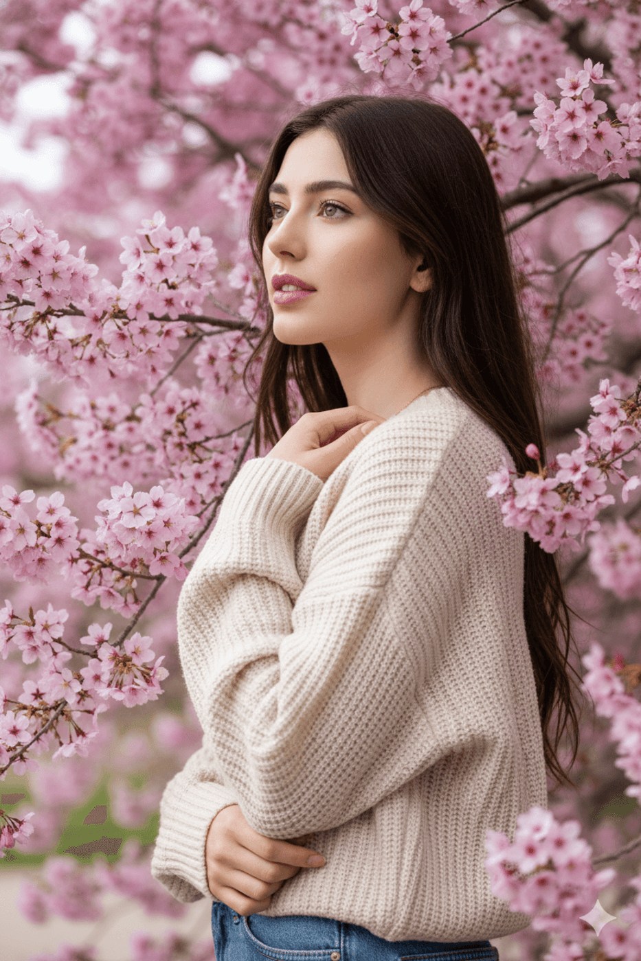 Gemini AI Generated Image: A young woman with long, dark hair poses thoughtfully amidst blooming pink cherry blossoms. She is wearing a cream-colored, oversized ribbed knit sweater and blue jeans. Her profile is captured as she gazes slightly upward and to the side, with one hand gently resting near her shoulder. The soft pink flowers create a lush, blurred background that frames her.