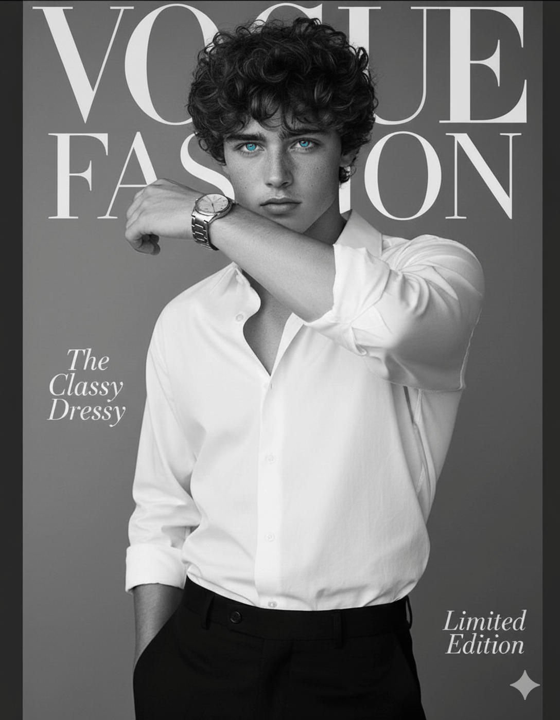 Gemini Generated Image: This is a black and white image styled like a Vogue Fashion magazine cover. It features a young man with curly hair, wearing an unbuttoned white shirt and dark trousers, showing off a wristwatch on his left arm. The text includes phrases like "VOGUE FASHION," "The Classy Dressy," and "Limited Edition."