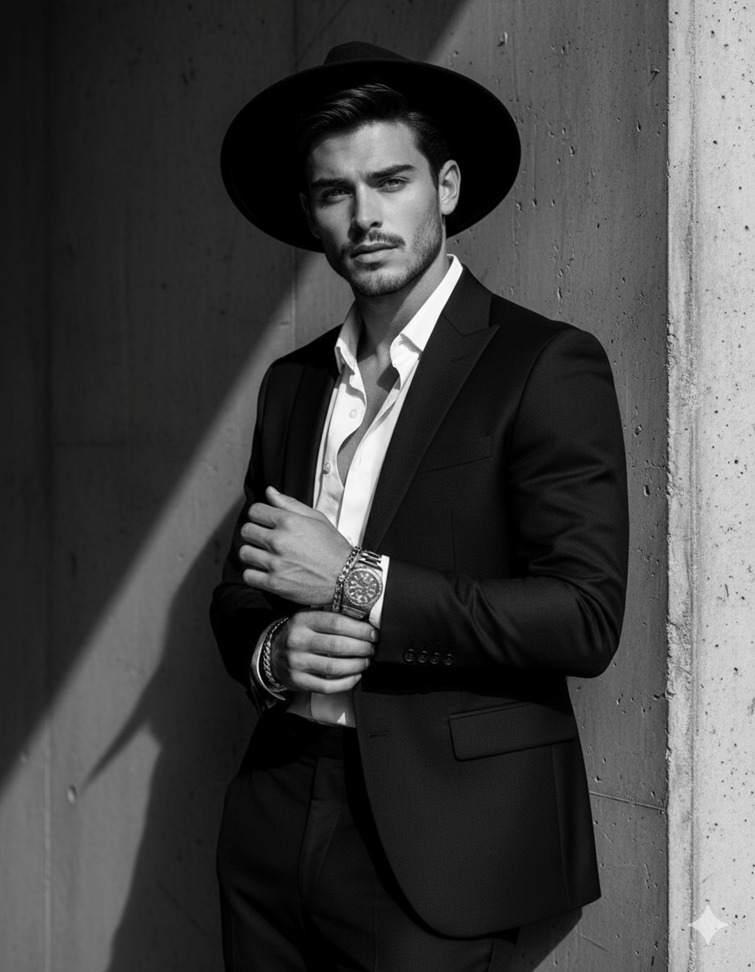 Gemini generated black and white photo, shows a handsome man in a dark suit, an unbuttoned white shirt, and a wide-brimmed hat. He is wearing a watch and bracelets, looking directly at the camera while posing against a concrete wall.