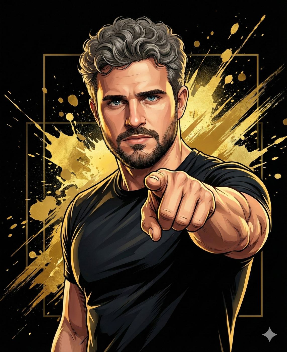 Gemini AI Generated: a striking, stylized digital illustration of a man pointing his right index finger directly at the viewer with an intense and commanding expression. He has short, wavy, salt-and-pepper hair, a well-groomed beard, and piercing blue eyes, and is dressed in a simple, fitted black T-shirt. The artwork uses a clean, comic-book-inspired style with bold outlines and distinct shading to highlight his facial features and musculature. The background contrasts a deep black void with a dynamic explosion of gold paint splatters and thin geometric gold frames behind him, creating a high-energy, dramatic composition.