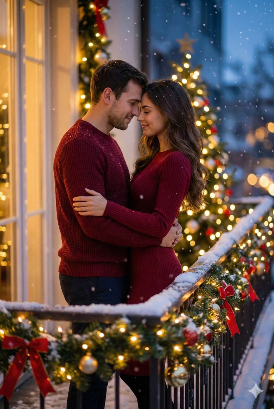 Gemini AI Generated Image: A romantic photograph captures a couple embracing on a snow-dusted balcony, decorated with a garland of evergreen boughs, warm string lights, red bows, and ornaments. Both are wearing matching deep red knitwear; the man in a sweater and dark trousers, the woman in a long-sleeved dress. They stand forehead-to-forehead with their eyes closed and smiles, with his arms around her waist and her hands on his arms. Soft snow is falling around them. In the background is a decorated, lit Christmas tree and the warm glow of a window against the dark blue evening light.