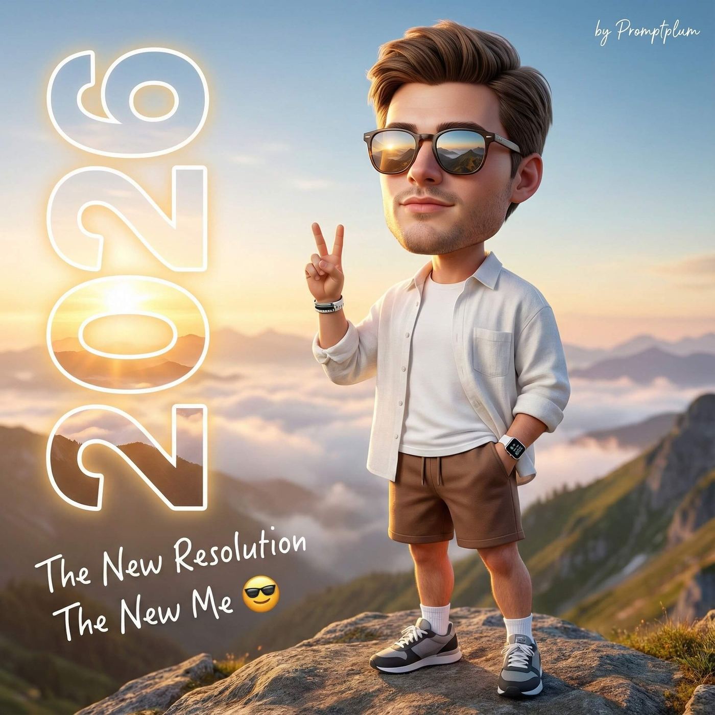 Gemini AI Generated Image: A 3D-styled digital illustration of a stylized male character with an oversized head and realistic features standing on a mountain peak at sunrise. He is wearing sunglasses, a white button-down shirt over a white T-shirt, brown shorts, and grey sneakers, while making a peace sign with one hand and keeping the other in his pocket. Large, glowing vertical text on the left reads "2026," and handwritten-style text at the bottom says, "The New Resolution, The New Me" followed by a sunglasses emoji. The background features a dramatic view of mist-covered mountain ranges under a soft, golden morning sky.