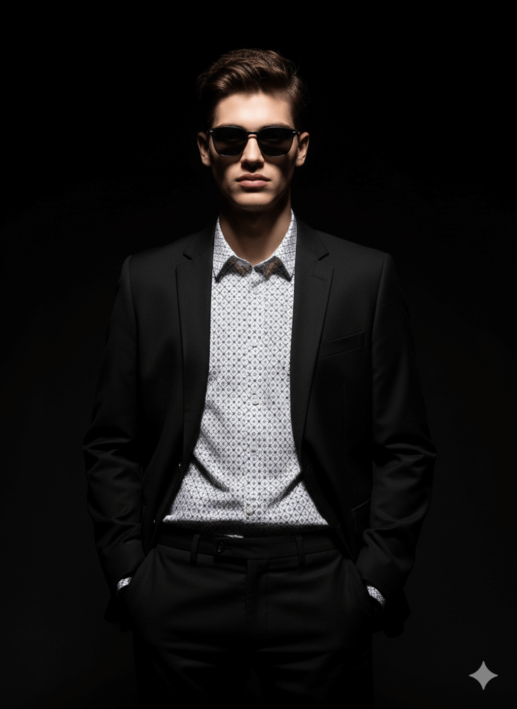 Ai generated image of a man in black suit and shadow