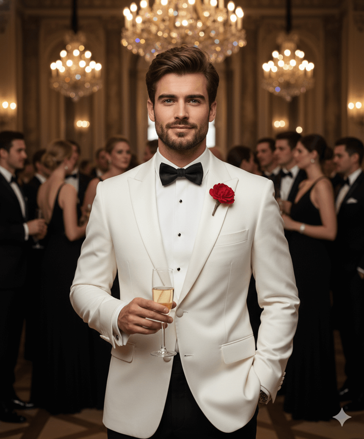 Gemini AI Generated Image: A handsome man in a sharp white tuxedo jacket with a black bow tie and a red carnation boutonniere stands at a formal gala. He is holding a glass of champagne and smiling subtly at the camera. In the blurred background, other guests in black-tie attire mingle in an opulent, high-ceilinged ballroom illuminated by grand crystal chandeliers.