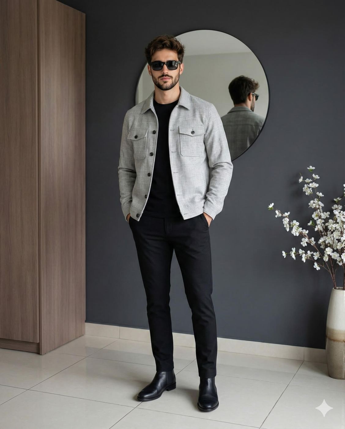Gemini AI Generated Image: A stylish man standing indoors wearing a light grey plaid shirt-jacket over a black t-shirt and black trousers, accessorized with sunglasses and black leather boots. He stands with his hands in his pockets in front of a dark grey wall with a round mirror behind him.