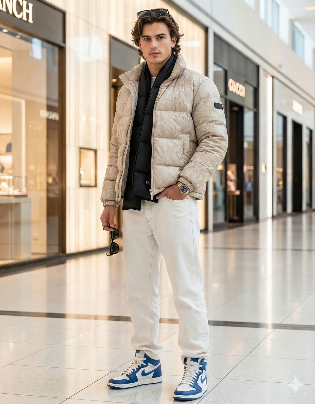 Gemini Generated Image: A young man stands in a brightly lit, upscale shopping mall, dressed in a stylish winter outfit. He is wearing a beige puffer jacket with a subtle pattern over a black scarf and a black layer underneath. His pants are plain white or off-white denim, and he is wearing bright blue and white high-top sneakers. He has sunglasses perched on his head and is holding another pair in his left hand, while his right hand is in his jacket pocket, showing a wrist watch. The background features luxury store facades.