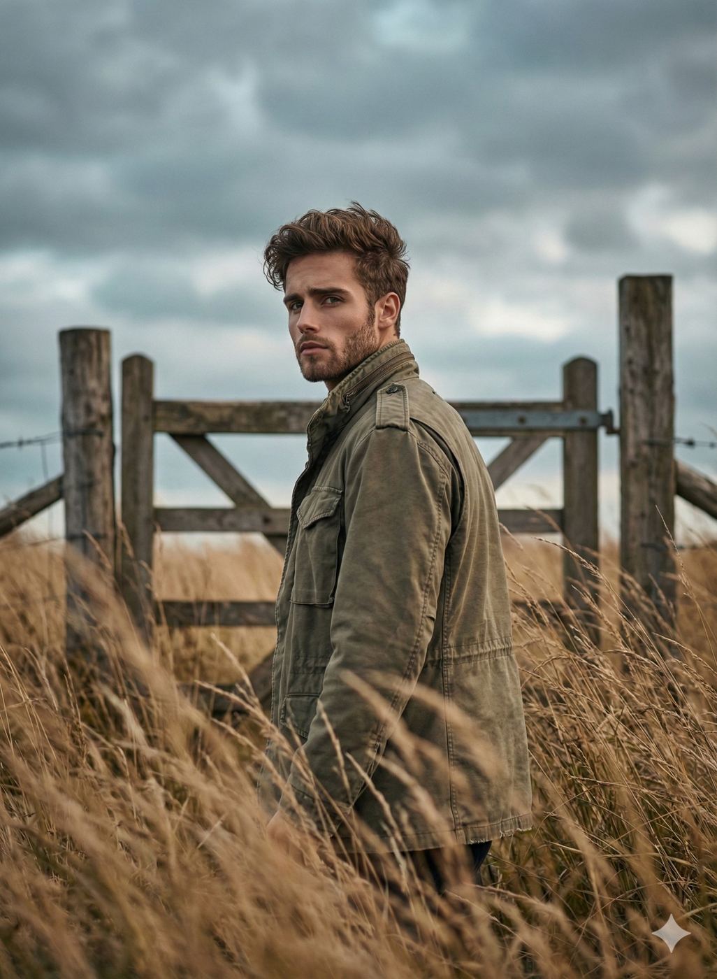 Gemini AI Generated Image: A man with wavy brown hair and a rugged beard, clad in an olive drab M-65 field jacket with brass zippers and epaulets, stands amidst tall, golden-brown dry grasses in this outdoor photograph. He is positioned in the middle ground, looking back over his shoulder with a serious, direct gaze towards the viewer. His left arm is at his side, and his right hand is partially obscured by the tall grass. Behind him is a weathered wooden gate and fence line under a heavily overcast sky with moody grey clouds. The lighting is diffused and cool, suggesting a late afternoon in autumn or winter. The image has a rustic and somewhat contemplative feel, with sharp focus on the man and the immediate grasses, while the fence and sky are slightly softer.
