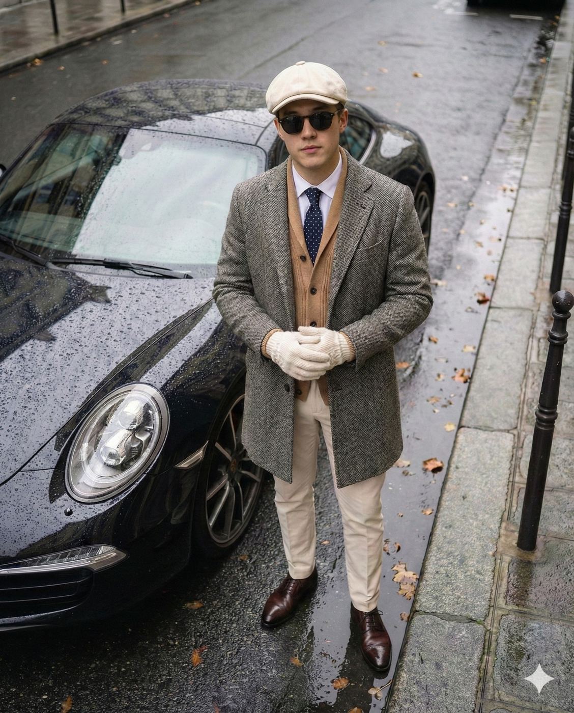 Gemini AI Generated Image of a Stylish man in a tweed coat and flat cap posing by a dark blue Porsche on a wet street.