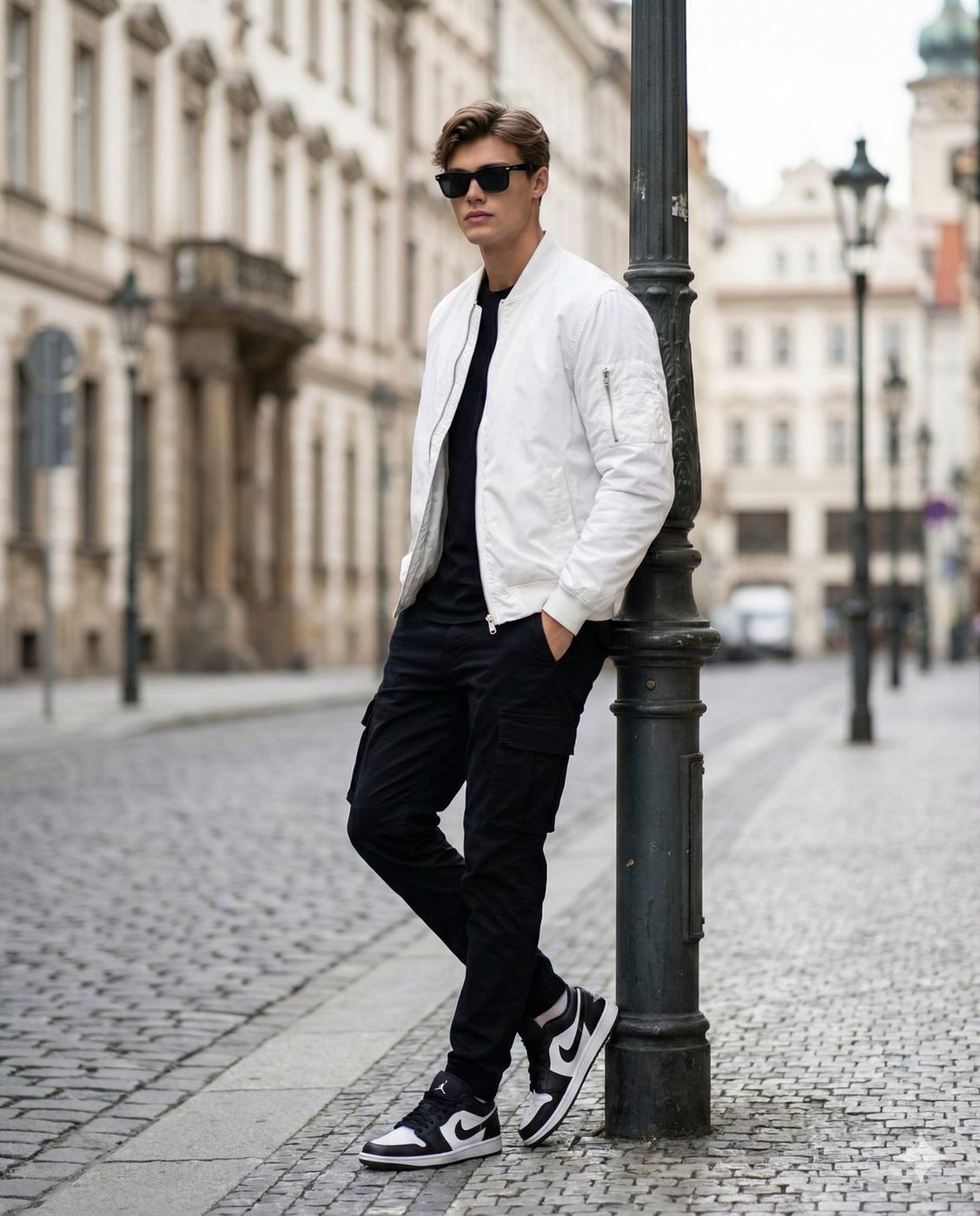 Gemini AI Generated Image of a stylish man in a white bomber jacket and sunglasses leans against a lamp post on a cobblestone street.