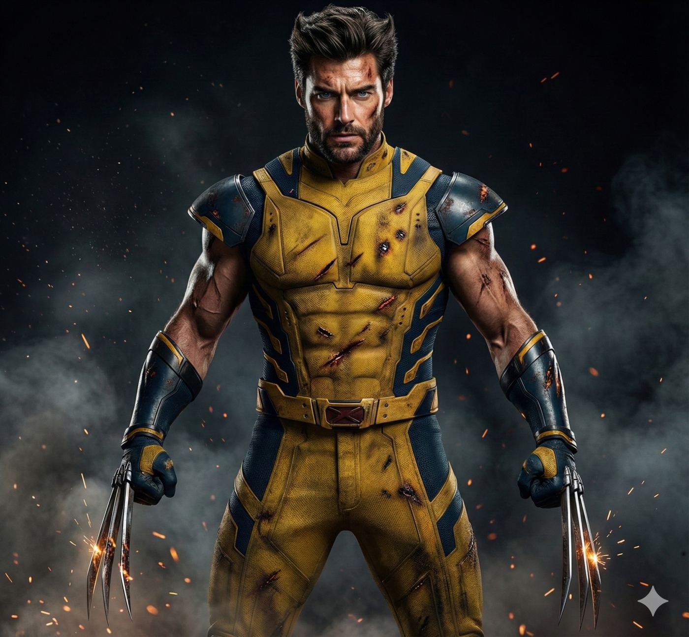 Gemini AI Generated Image: a medium shot of the X-Men character Wolverine, standing boldly against a dark, smoky background filled with rising embers. He has short, unkempt brown hair and a full beard, with an intense gaze. He wears a textured yellow and blue armored suit, which is visibly scuffed, dirty, and marked with numerous cuts and gashes, indicating recent battle. His gloved hands are clenched, and three long, sharp metal claws extend from the backs of each hand, with sparks flying around them. He stands squarely facing the viewer, radiating a sense of rugged strength and determination. The atmosphere is dark and gritty, with smoke and firelight contributing to a sense of danger.