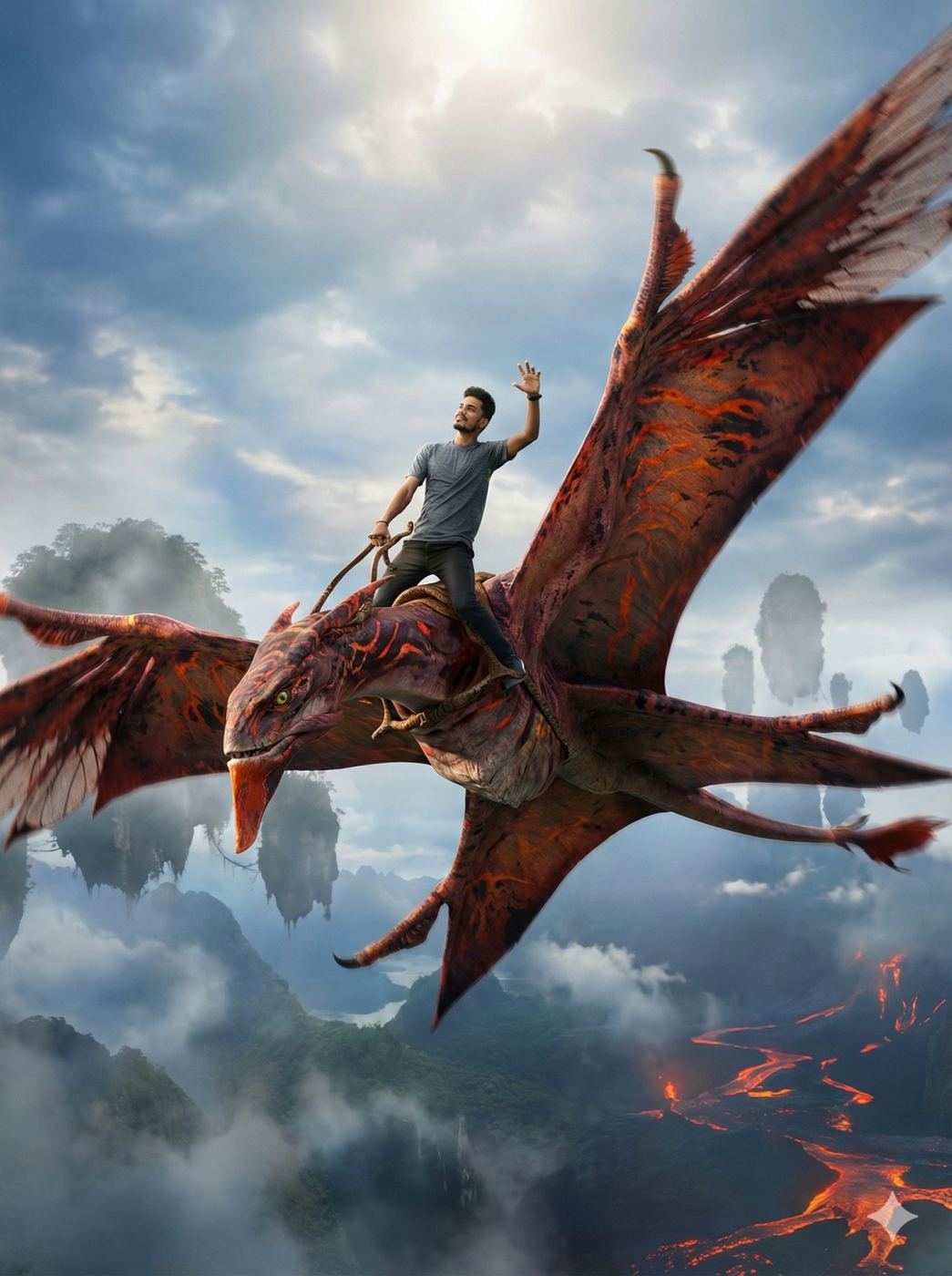 Gemini AI Generated Image: a thrilling fantasy scene featuring a young man riding atop a massive, winged creature that resembles a cross between a dragon and a pterosaur. The beast has a vibrant, patterned hide with rusty red, orange, and black markings similar to tiger stripes, along with a long, crested head and a sharp beak. The rider, dressed casually in a grey t-shirt and dark pants, sits securely on the creature's back, holding a rein with one hand while waving the other enthusiastically, his expression filled with joy and excitement. They are soaring through a cinematic atmosphere populated by misty, floating rock formations, while the dark landscape far below is crisscrossed with glowing rivers of molten lava, creating a dramatic contrast between the airy sky and the volcanic ground.