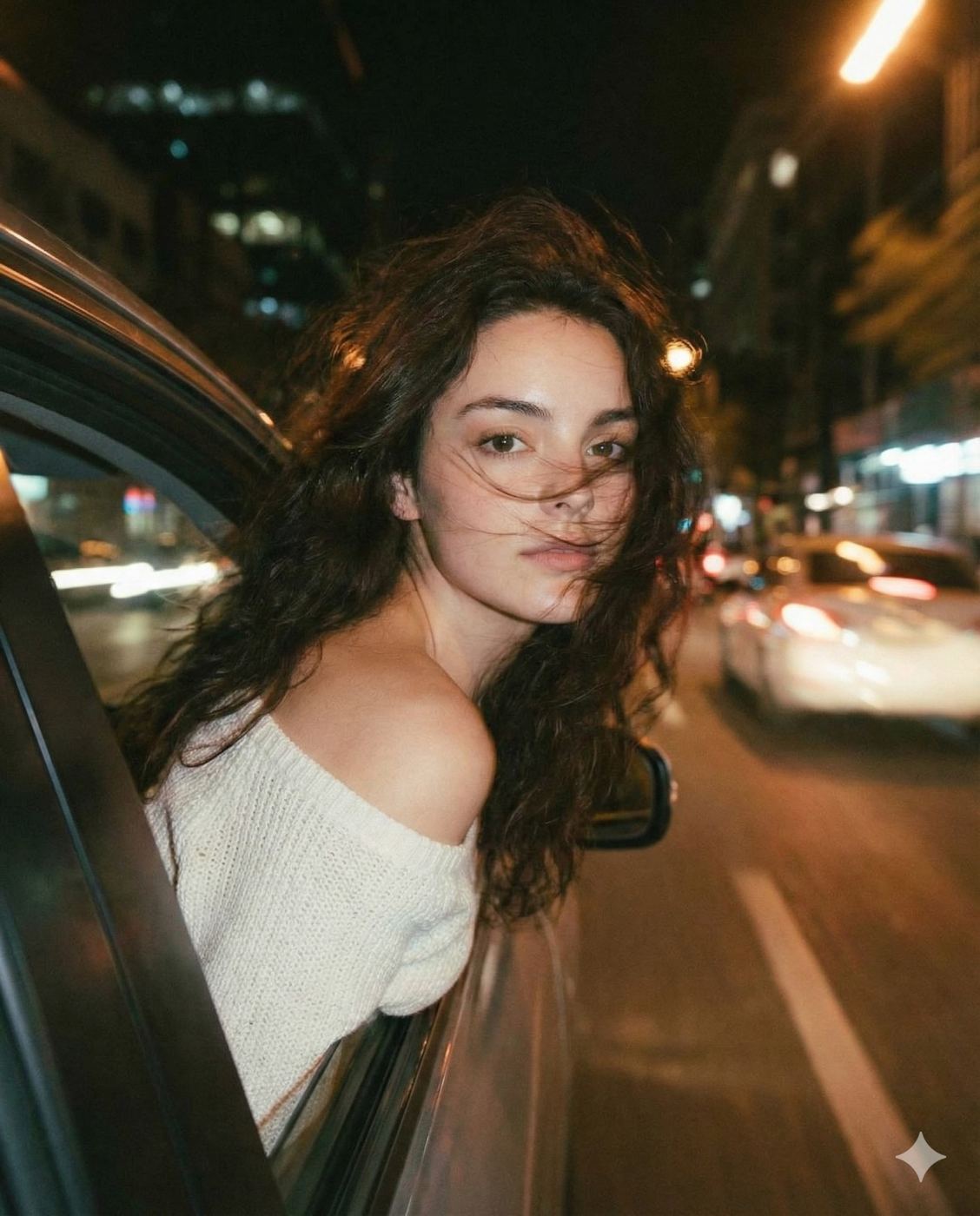 Gemini AI Generated Image: a cinematic, candid moment featuring a young woman leaning out of a car window at night. She has long, dark, wavy hair that appears tousled and windblown, adding a sense of movement to the shot. She is wearing a textured, cream-colored off-the-shoulder knit sweater and gazes directly at the viewer with a soft, engaging expression. The background is a blur of urban nightlife, characterized by the warm, glowing bokeh of streetlights and the streaks of car headlights, which contrast with the darkness of the car's interior and frame. The overall lighting is ambient and moody, evoking a feeling of late-night city travel.