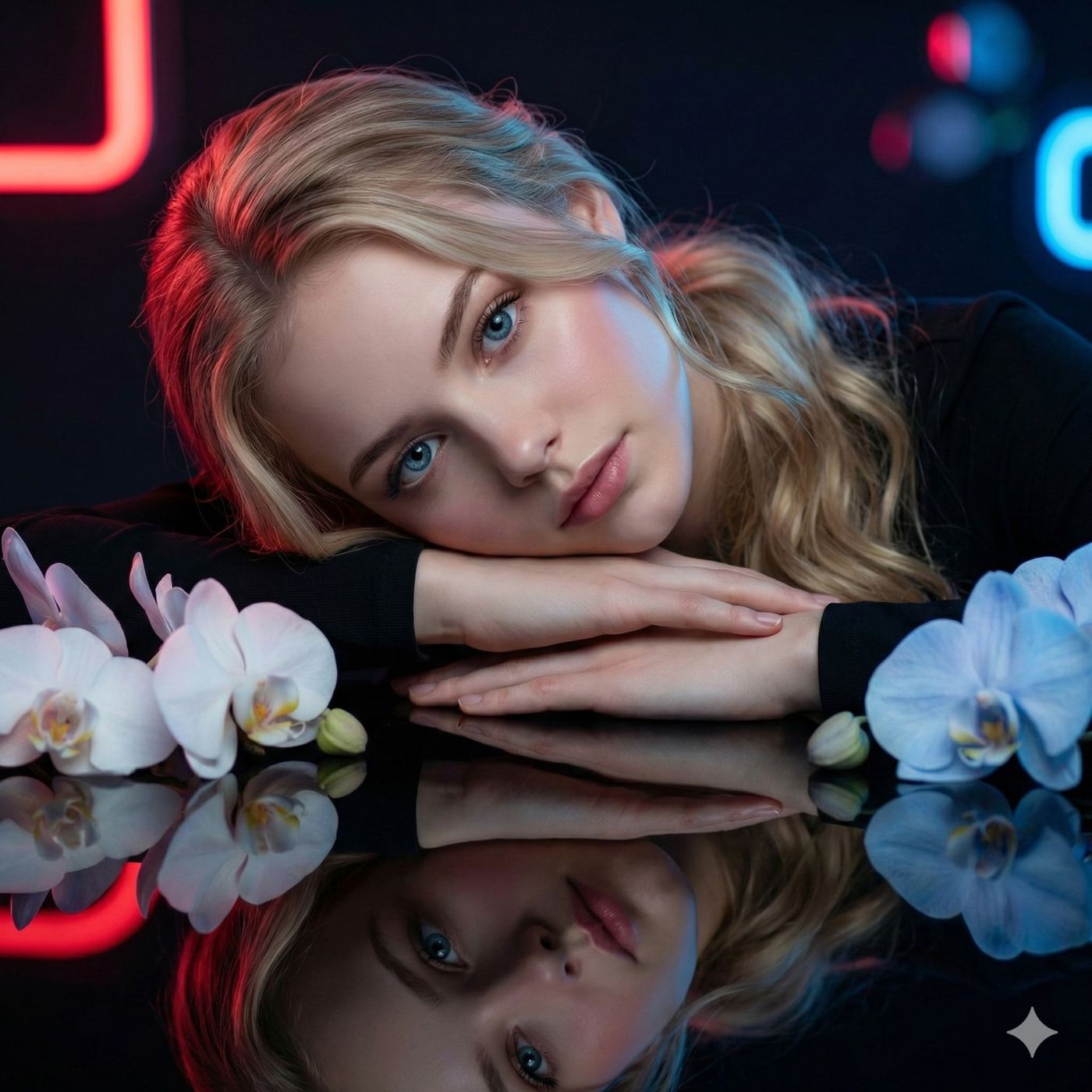 Gemini AI Generated Image: A blonde woman rests her head on her hands, reflected in a dark surface with orchids. Soft red and blue neon lighting creates a moody, cinematic, and ethereal atmosphere.