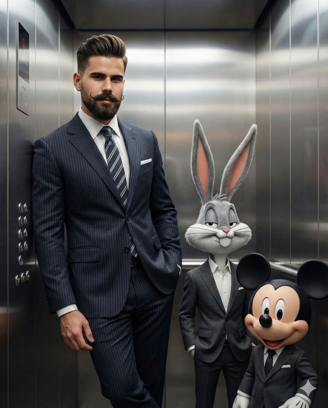 Gemini AI Generated Image of a Man, Bugs Bunny, and Mickey Mouse pose in suits inside a metal elevator.