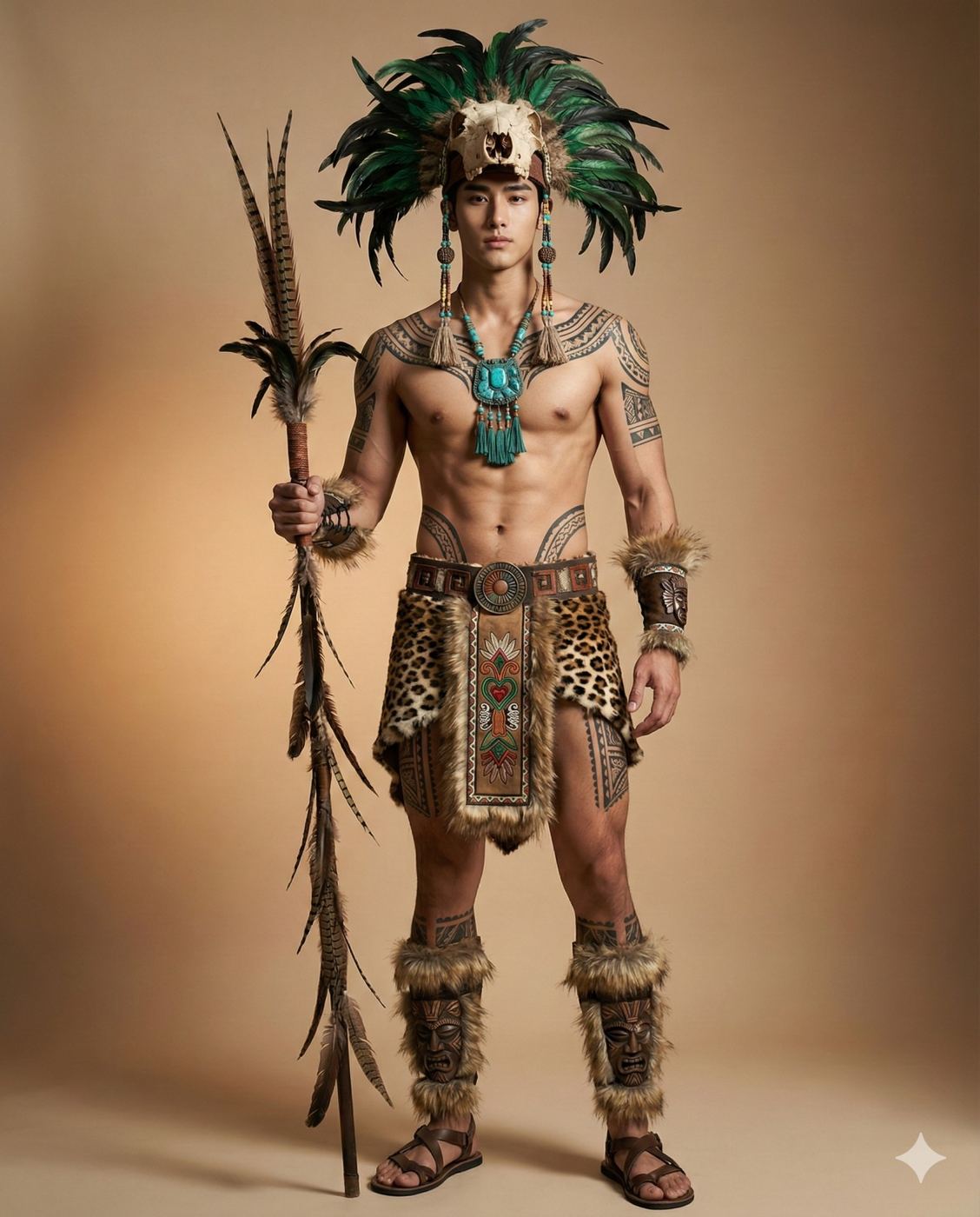 Gemini AI Generated Cinematic portrait of a tribal warrior with a feathered skull headdress, tattoos, and a feathered staff.