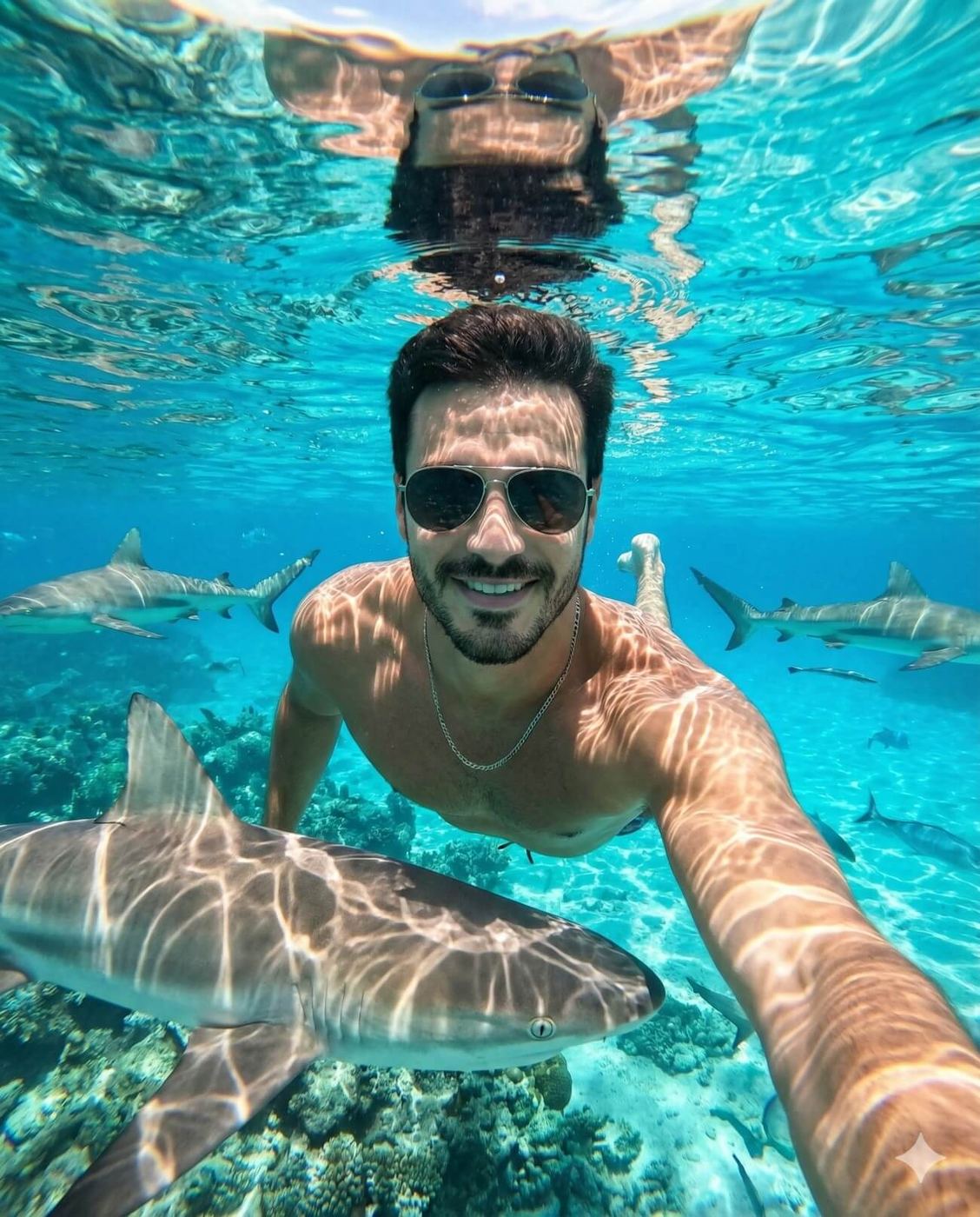 Gemini AI Generated Image: An underwater selfie of a smiling shirtless man wearing sunglasses, surrounded by several sharks swimming in clear, sun-dappled turquoise water over a coral reef.