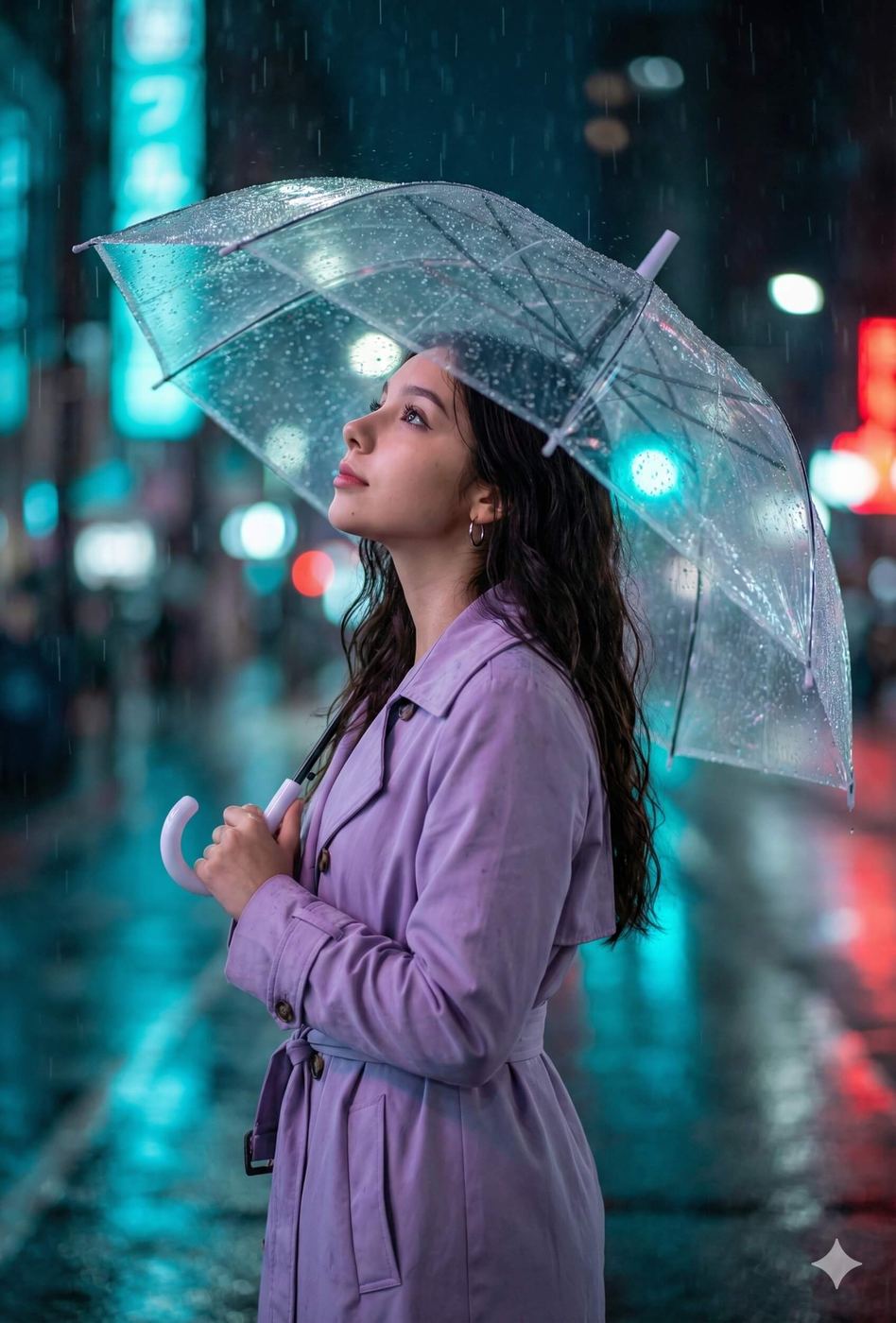 Ai generated portrait of a young woman in a lavender trench coat holds a clear umbrella and looks up into the rain amidst the neon-lit backdrop of a city street at night
