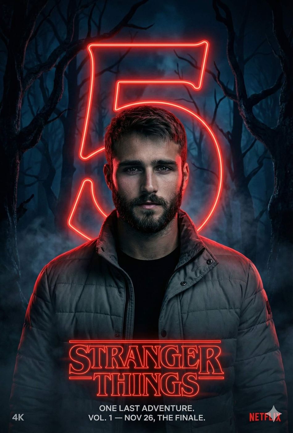 Gemini Generated: A man with a beard and intense gaze, wearing a quilted jacket, stands centered in a dark, forested scene under a large, glowing red neon number "5," with the text "STRANGER THINGS," "ONE LAST ADVENTURE," and date information below, suggesting a promotional poster for the final season of the series.