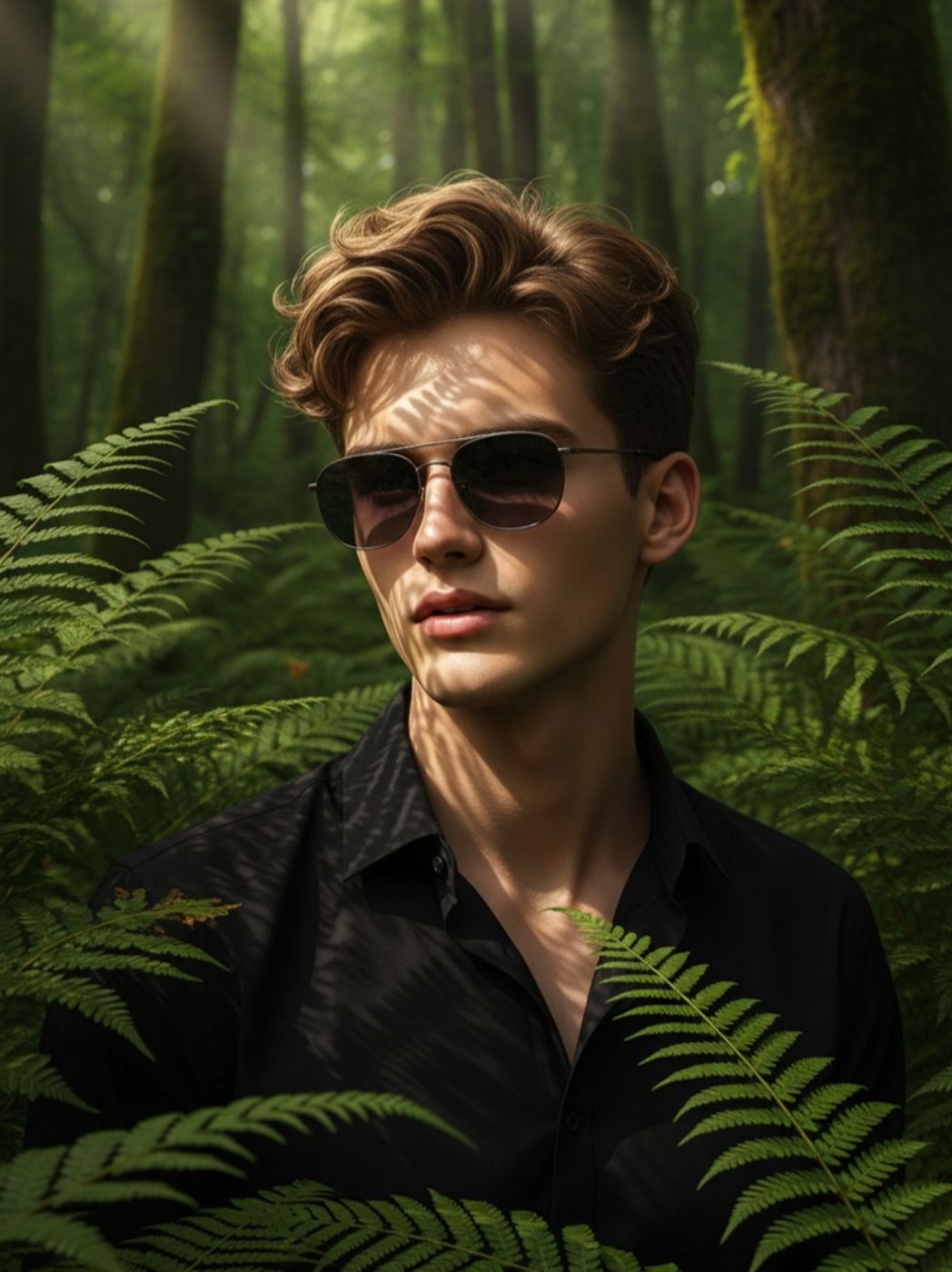Gemini AI Generated image: A young man with wavy light brown hair and sunglasses is shown in a dark, lush forest setting, framed by bright green ferns, with dappled sunlight hitting his face and casting shadows.
