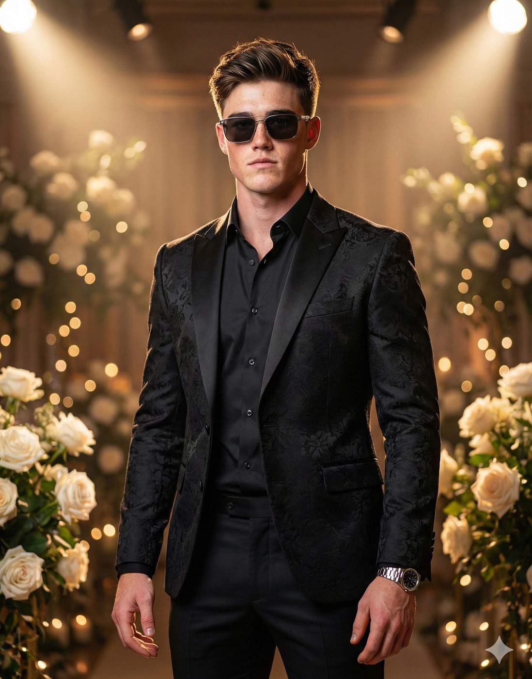 Gemini Ai Generated Image: A man in a black, patterned suit, black shirt, and sunglasses stands in a dimly lit setting surrounded by white roses and warm lights. He is wearing a silver wristwatch.