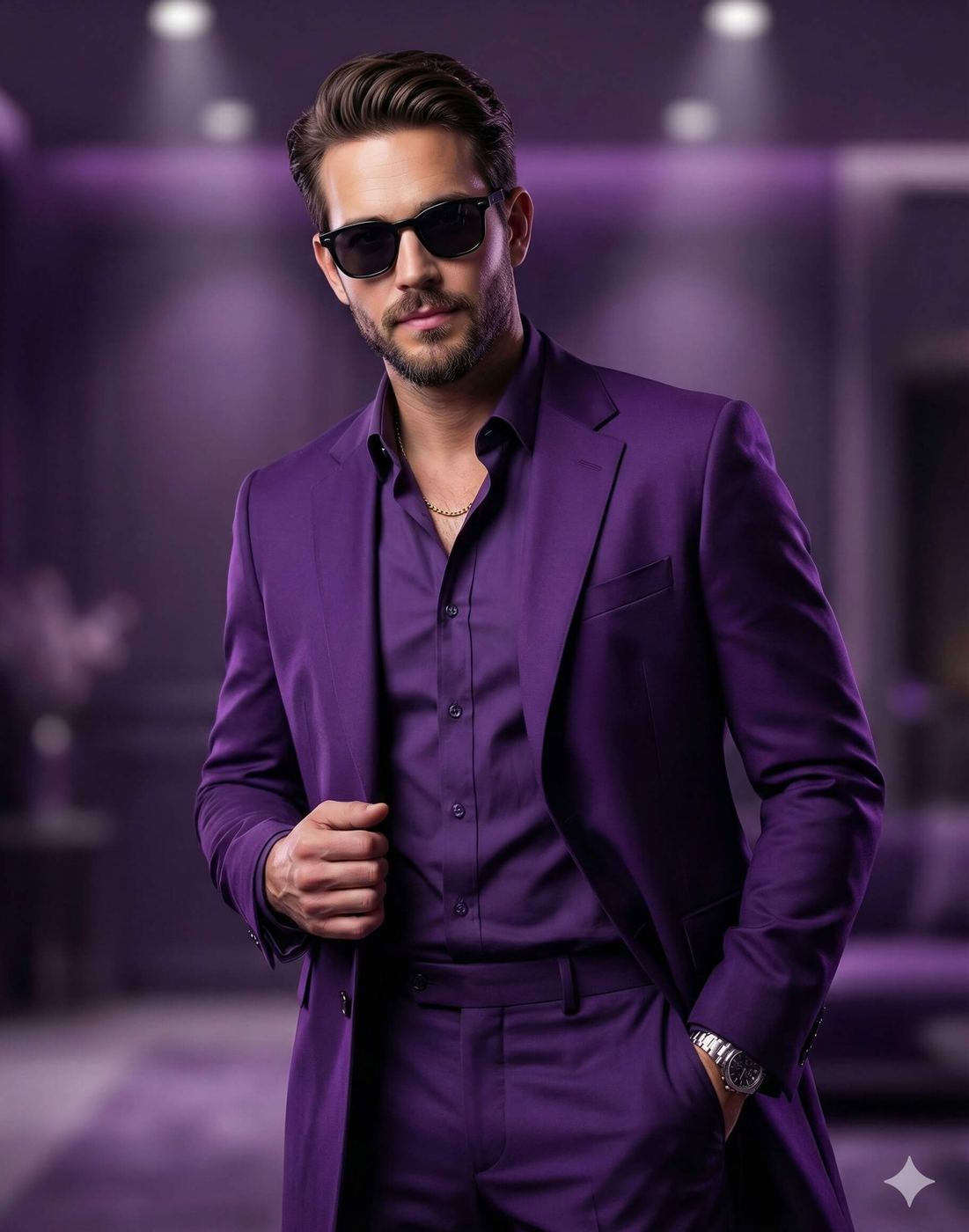 Gemini Ai Generated Image: A stylish man in a monochromatic purple suit and sunglasses stands in a dimly lit, purple-toned room.