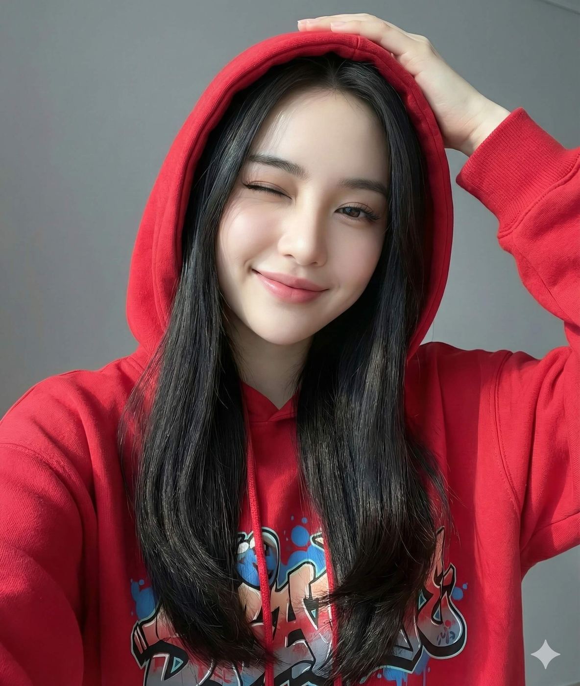 Gemini Ai Generated Image: A young woman with long, straight black hair is wearing a red hooded sweatshirt with a graphic design. She is winking and smiling, with one hand resting on top of her head.