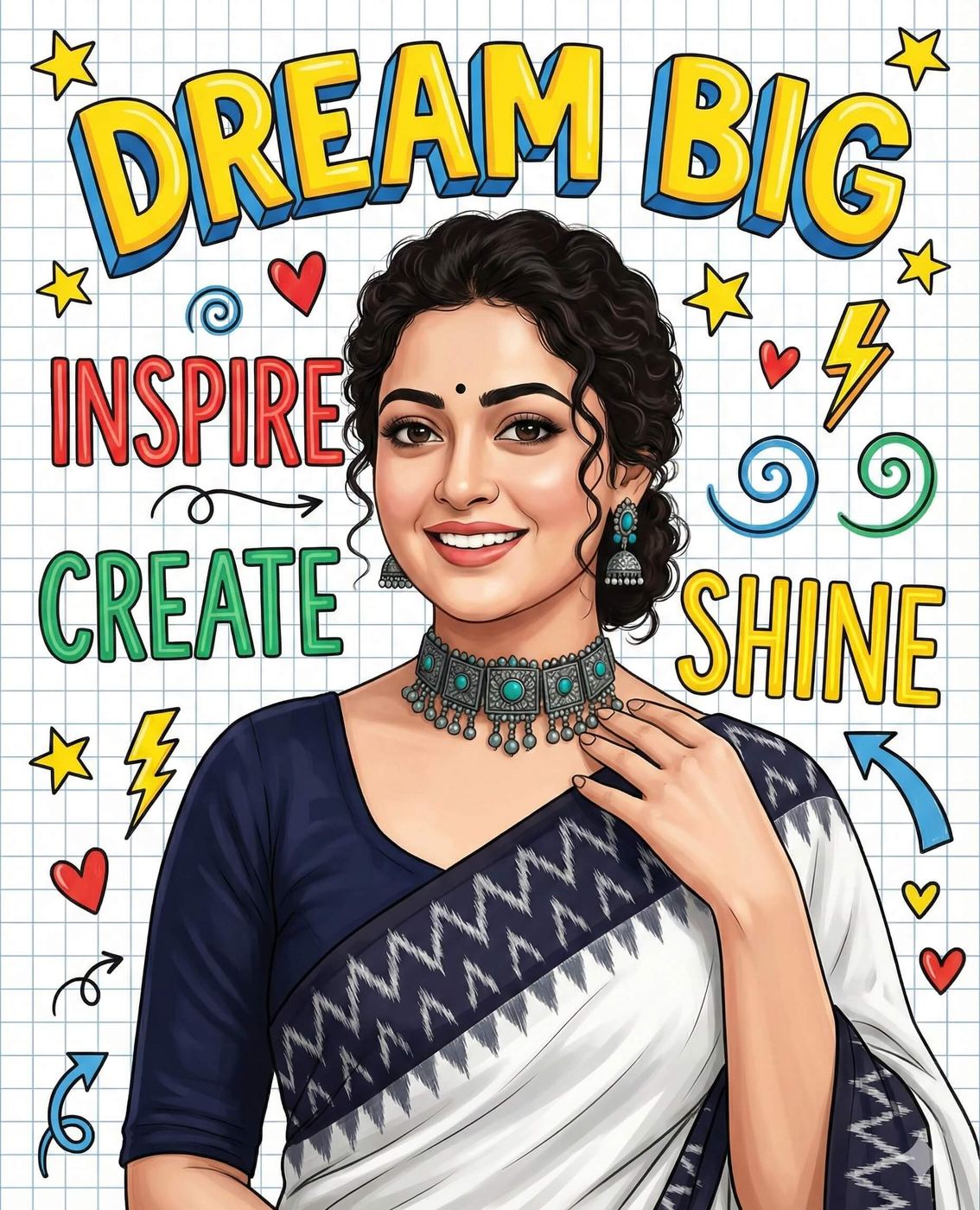 Gemini Generated: a colorful, stylized illustration of a beautiful young woman (who appears to be South Indian, possibly a known actress) wearing a saree and traditional jewelry. Around her, bold, bright text with decorative elements encourages a positive message: "DREAM BIG", "INSPIRE", "CREATE", and "SHINE". The background resembles notebook paper.