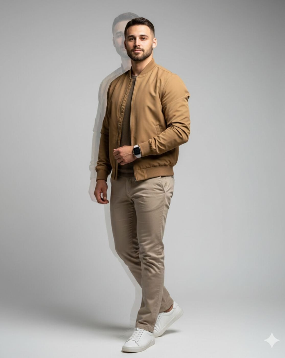 Gemini Generated Image: A stylish man wearing a tan bomber jacket, a matching tan top, and khaki trousers. He is also wearing white sneakers and a smartwatch. The image has a subtle double-exposure or ghosting effect behind him.