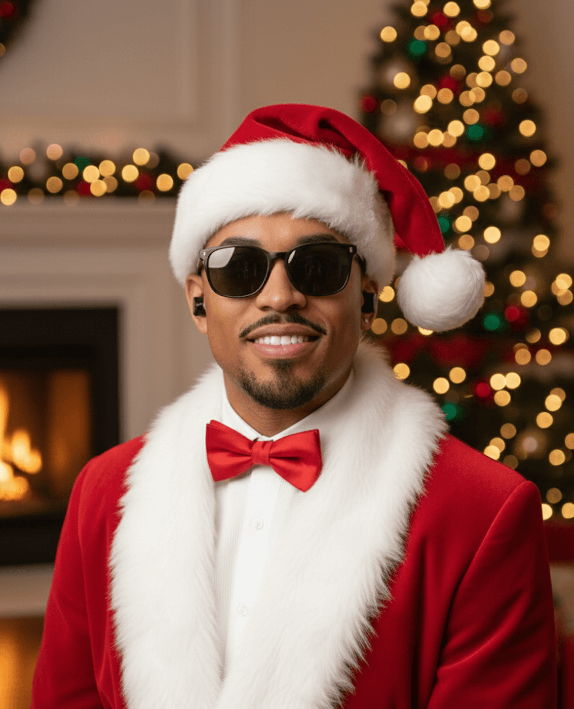 Gemini Generated Image: A man dressed as Santa Claus is smiling and wearing sunglasses, a red bow tie, and what appear to be black wireless earbuds. He is standing indoors in front of a fireplace and a decorated Christmas tree.