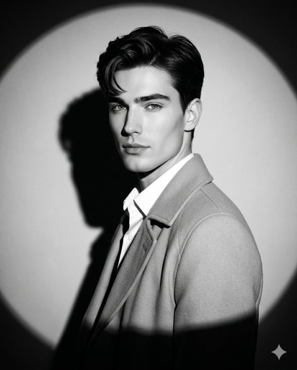 Man in Spotlight AI Photo Editing Prompt. AI generated black and white studio portrait of a young man wearing a coat and collared shirt illuminated by a dramatic circular spotlight.