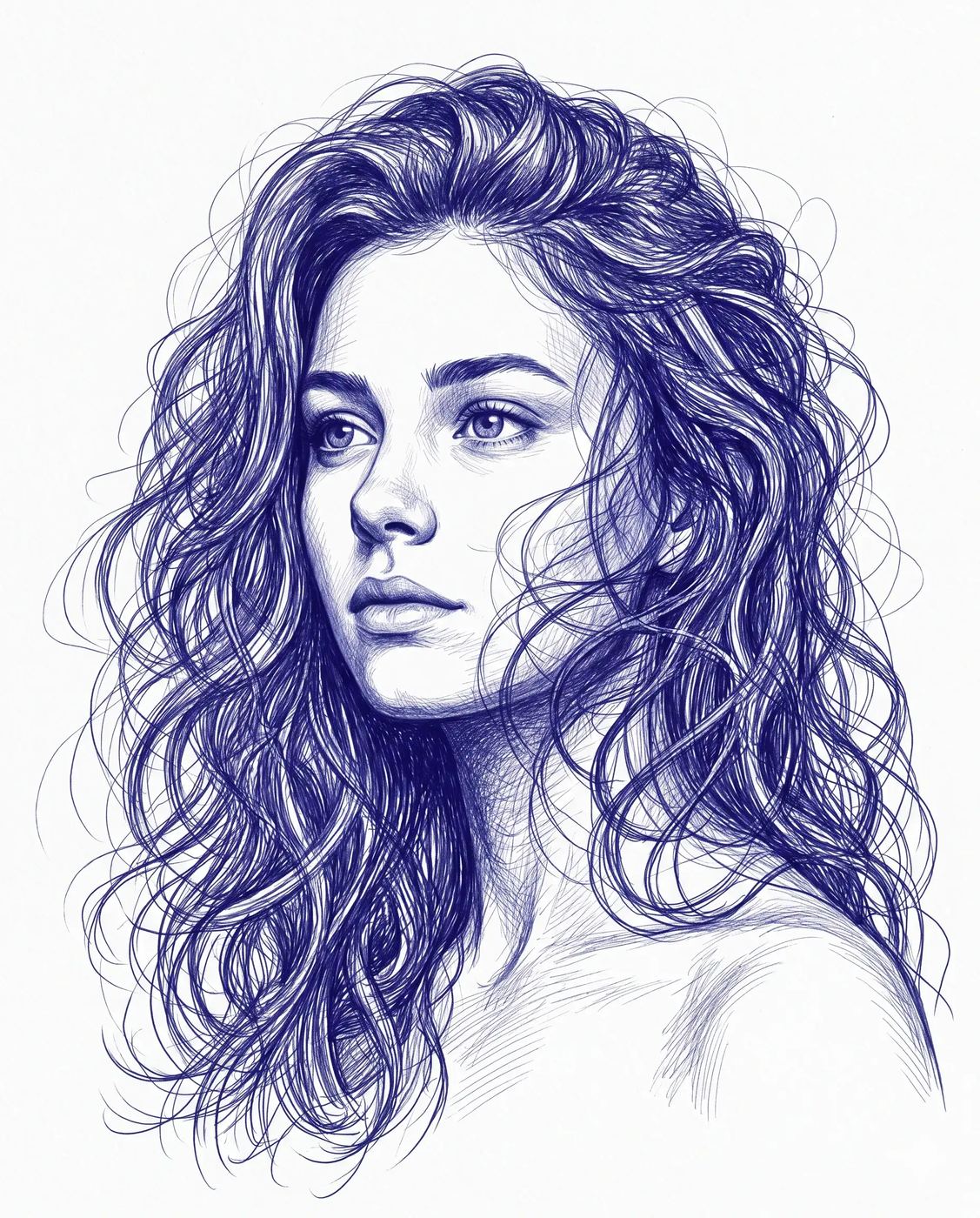 Blue Ink Woman Portrait AI Photo Editing Prompt. AI generated ballpoint pen illustration of a young woman with voluminous wavy hair looking thoughtfully to the side.