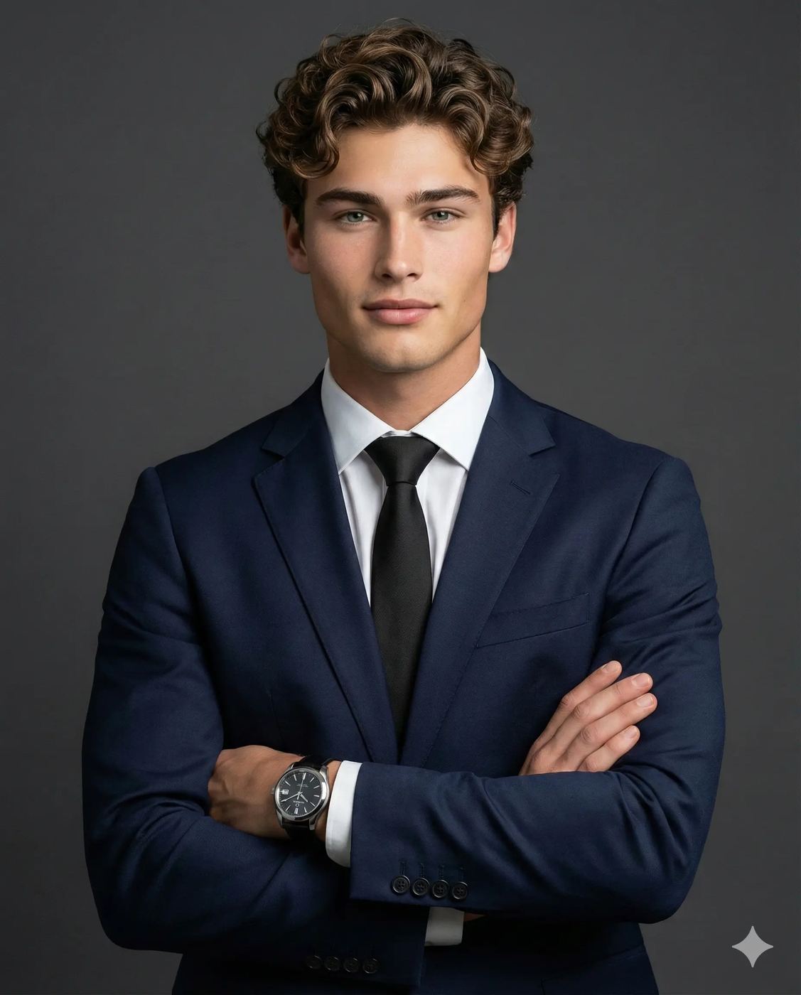 A confident young man in a navy blue suit and black tie stands with arms crossed against a dark grey studio background.