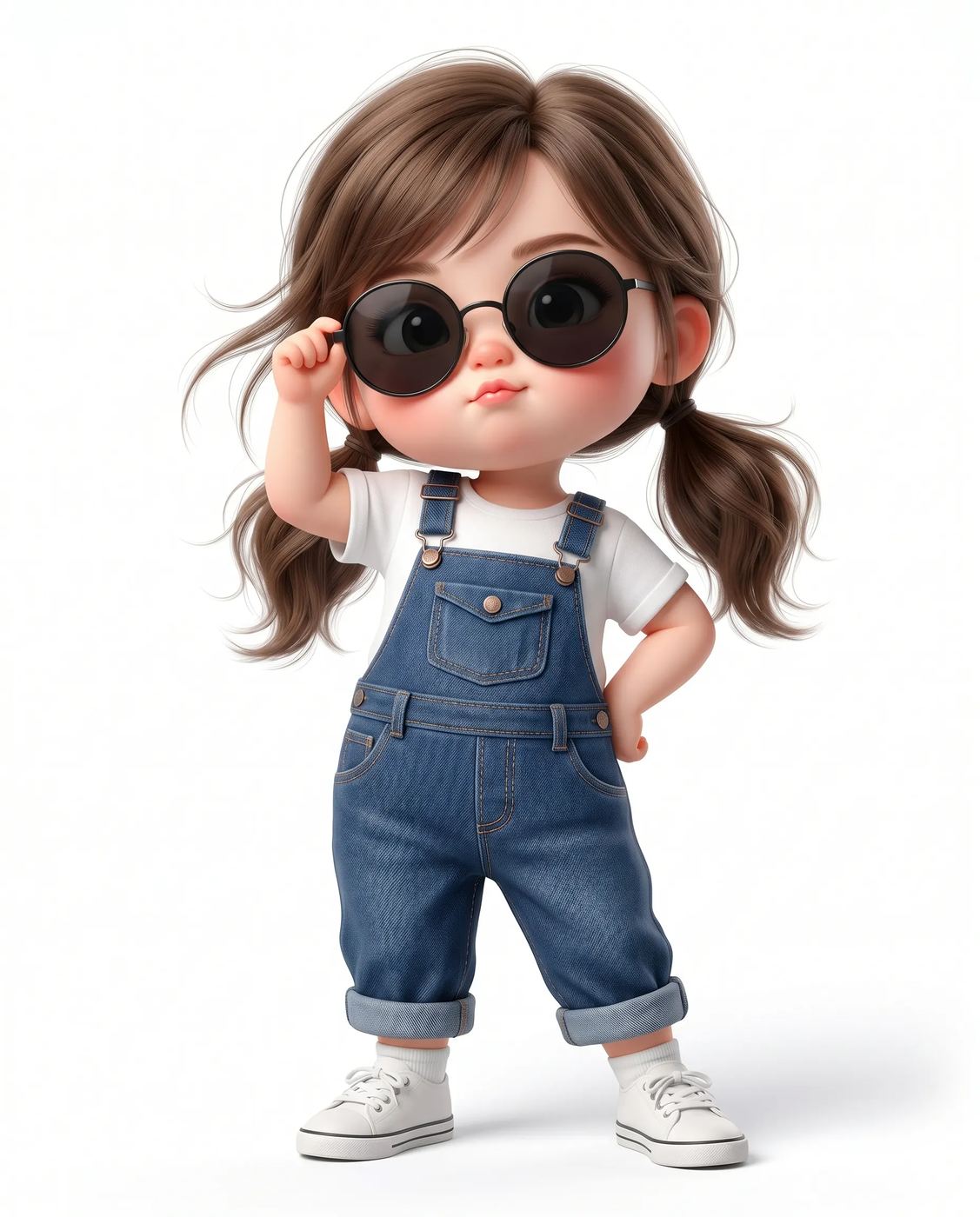 Cute Girl in Overalls AI Photo Editing Prompt. AI generated 3D illustration of a cute little girl with pigtails wearing round sunglasses, a white t-shirt, and blue denim overalls.