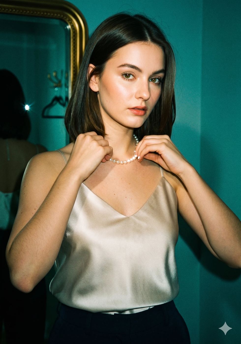 Flash Filter AI Photo Editing Prompt. AI generated portrait of a young woman in a silk camisole adjusting her pearl necklace, styled with a retro Instagram flash effect.