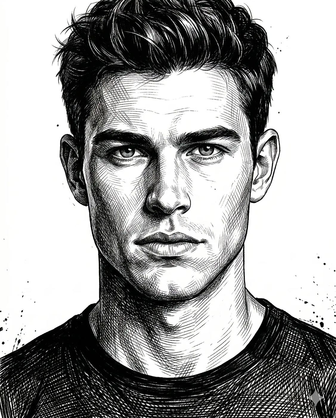 Man Ink Sketch AI Photo Editing Prompt. AI generated digital ink illustration of a man with textured hair and sharp features depicted through detailed cross-hatching.