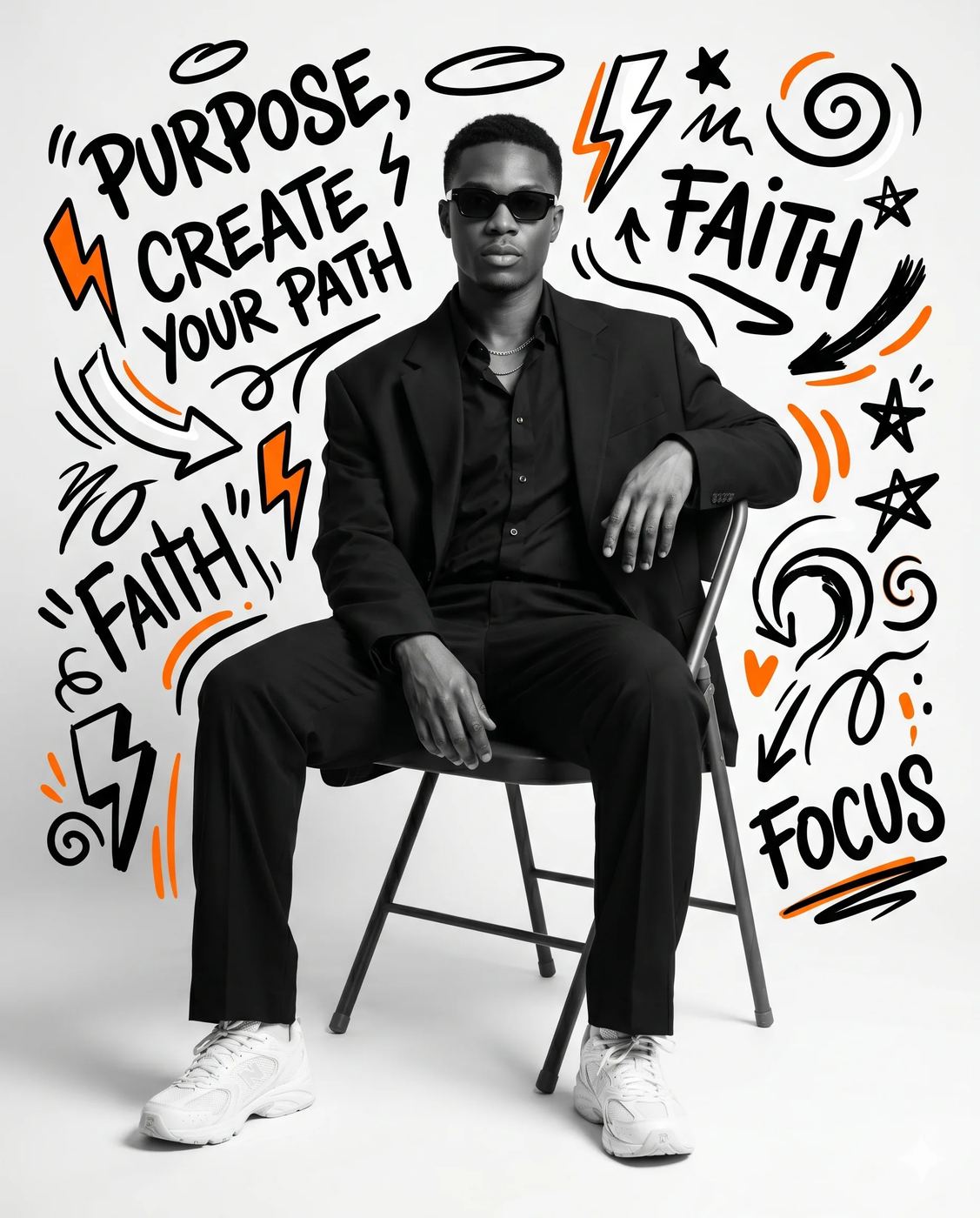 Man in Suit Doodles AI Photo Editing Prompt. AI generated digital portrait of a seated Black man in a suit surrounded by motivational doodles like "Faith" and "Purpose."