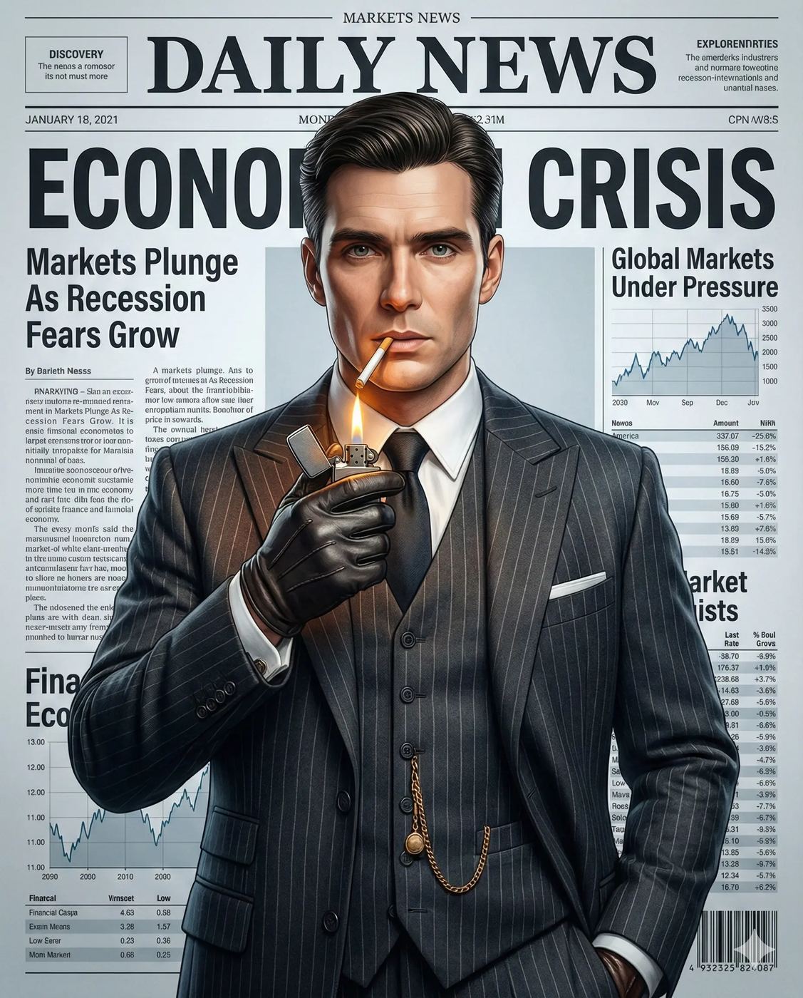 Cinematic portrait of a man in a pinstripe suit lighting a cigarette, set against a "Daily News" backdrop detailing an economic crisis. Sleek, intense, and high-contrast.